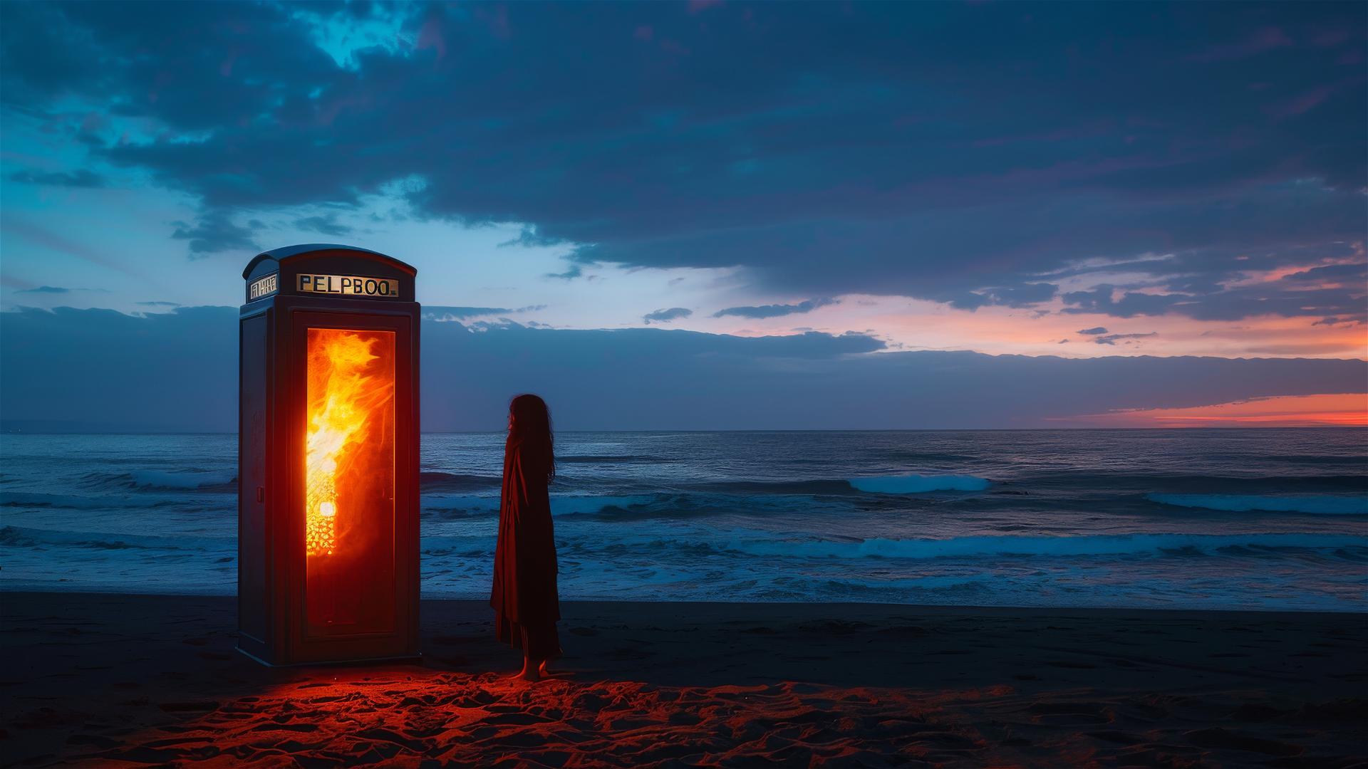 Woman silhouetted by a burning payphone on the beach at dusk.