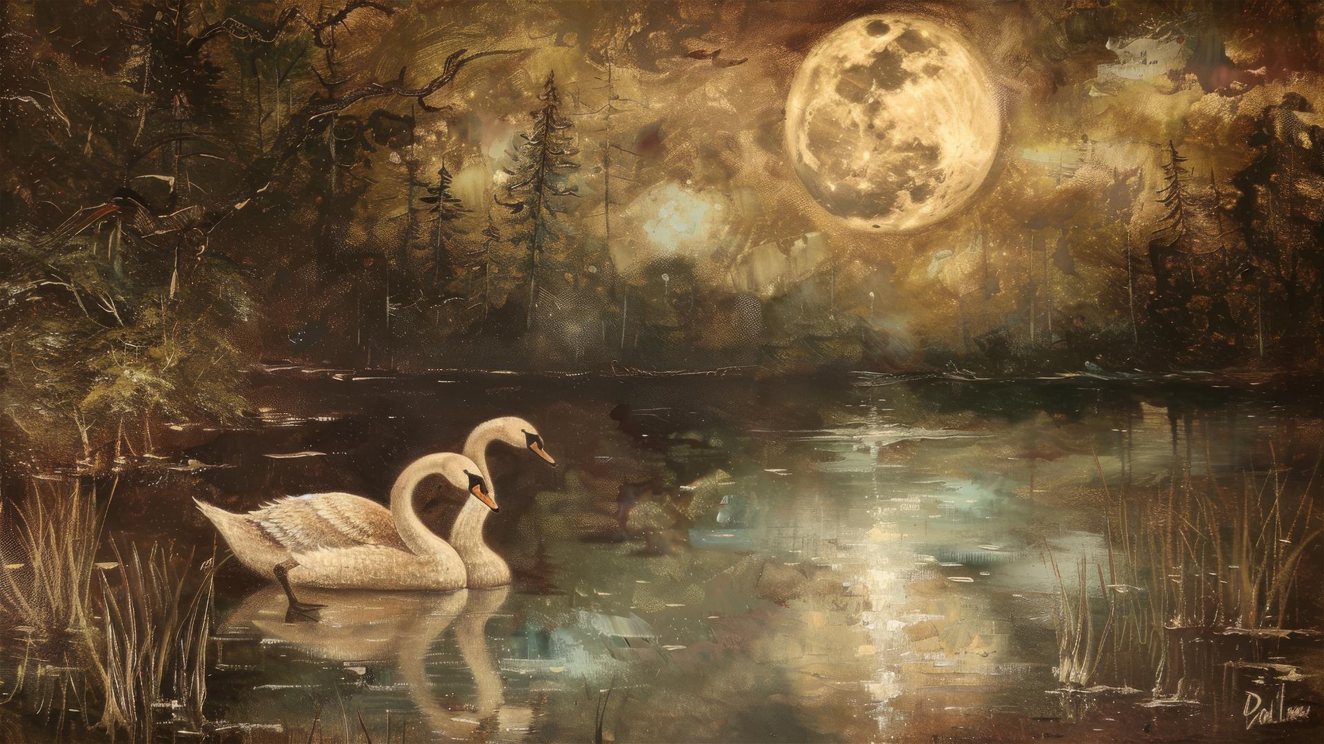 Two swans in a forest lake under moonlight with beige and neutral earth tones