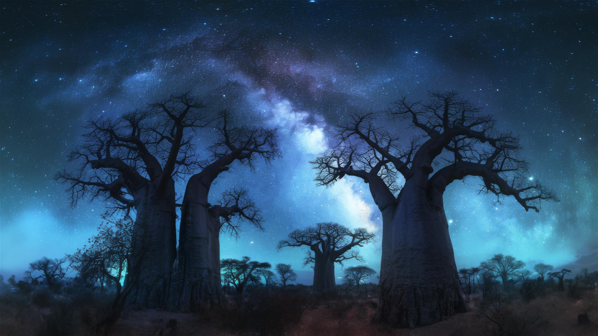 Ancient baobab trees under a starry African sky