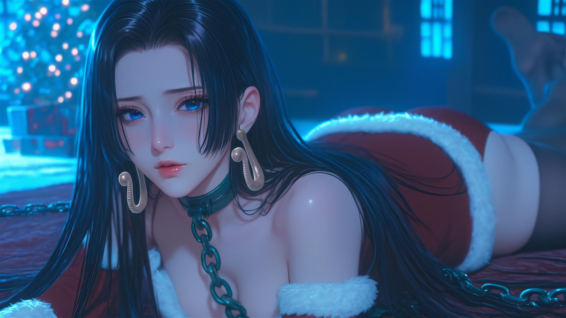 Boa Hancock in Christmas costume, chained in a neon-lit hotel room, pink background.