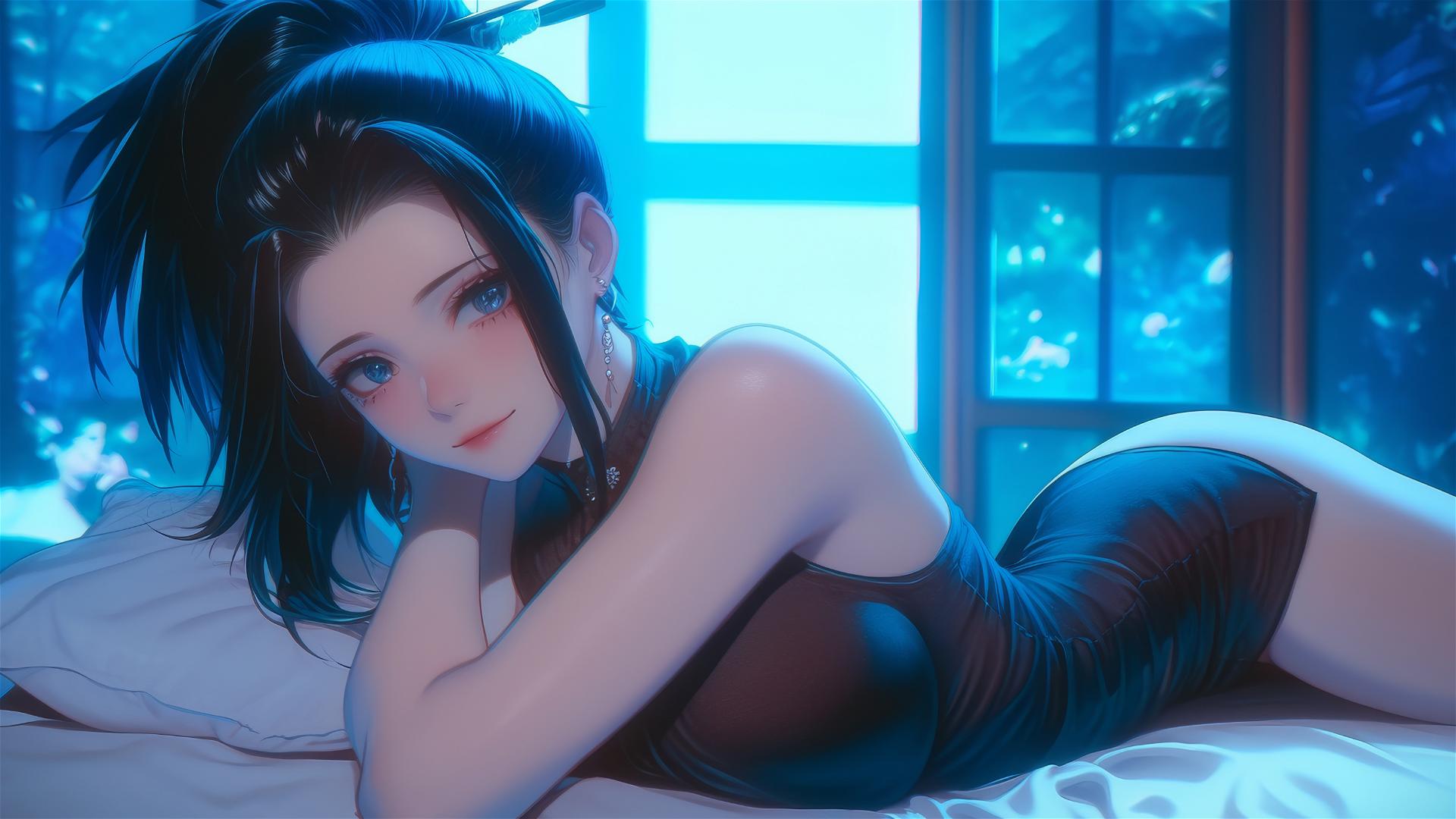 Momo Yaoyorozu in a modern hotel room with neon lighting