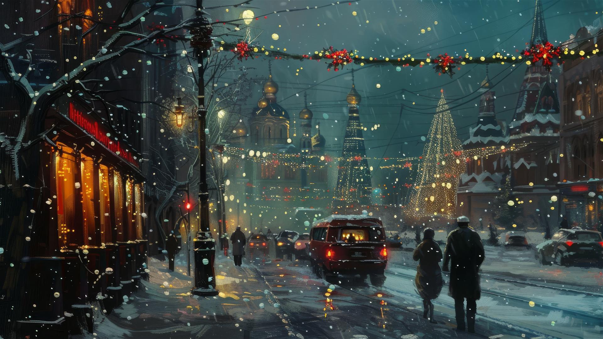 Winter evening in Moscow with illuminated garlands