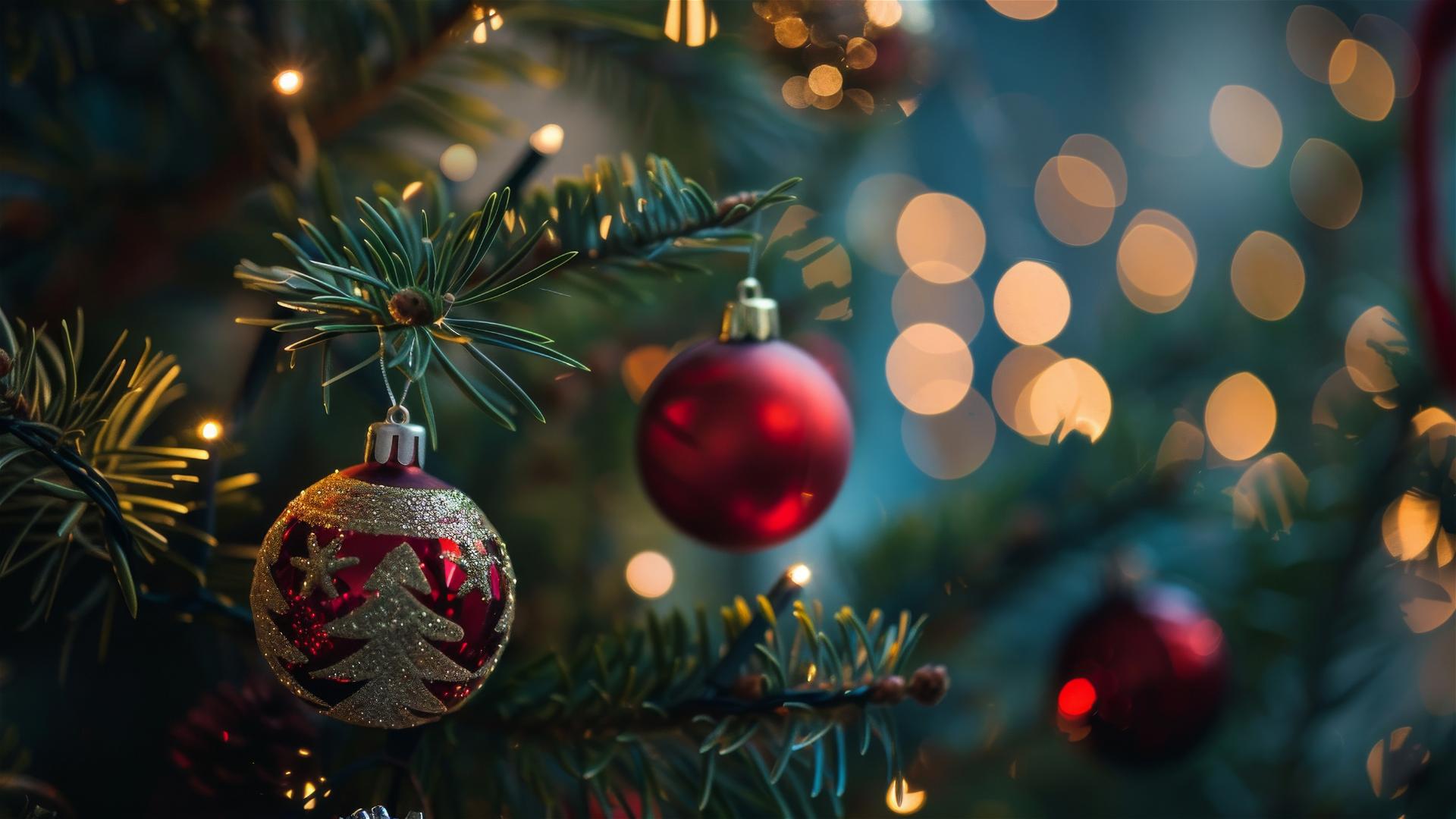 Christmas tree adorned with twinkling lights and decorations