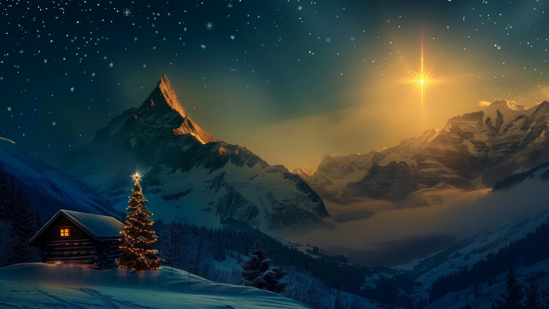 Christmas star over a cabin near mountains using chiaroscuro in dark cyan and light brown