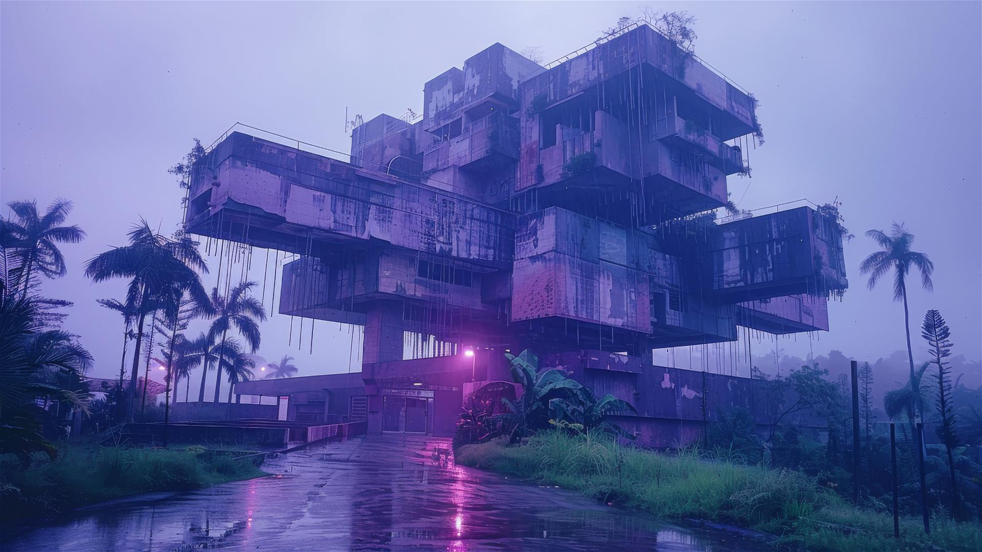 Low angle view of a large concrete building with South American brutalist architecture at dusk, Blade Runner style.