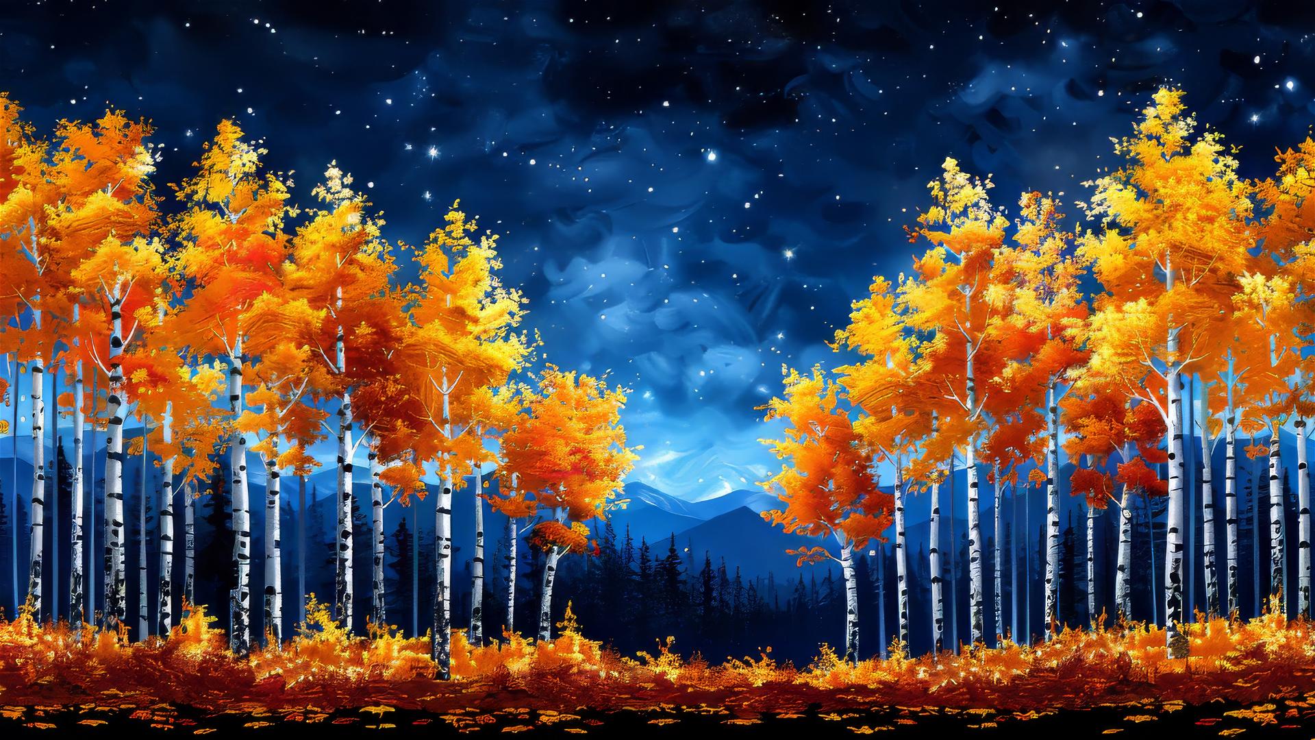 Forest with hidden creatures, autumn leaves, starry night, sunset