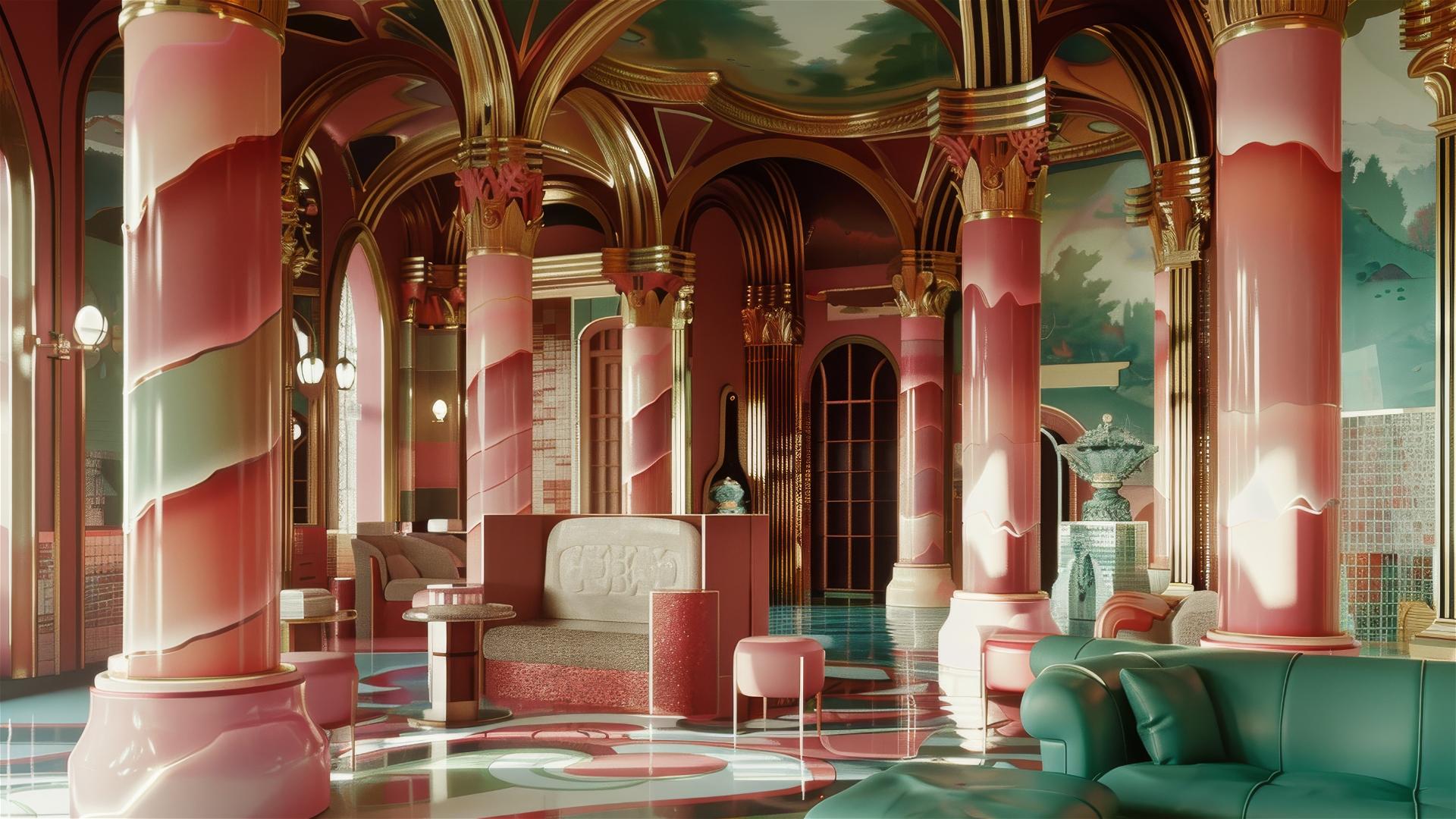 Kodak Portra film style photo with 80s architectural digest theme