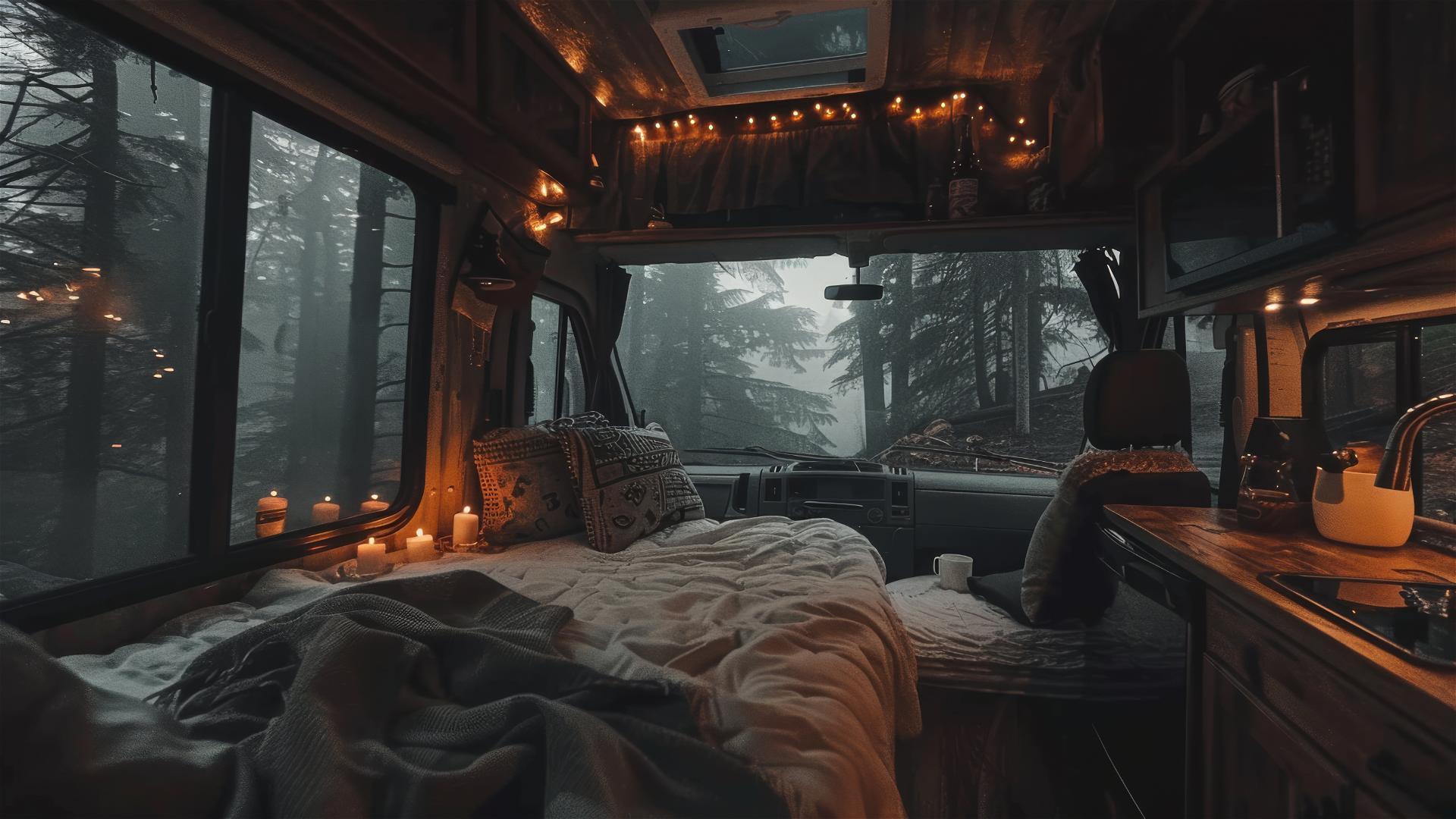Cozy RV interior during a rainy day