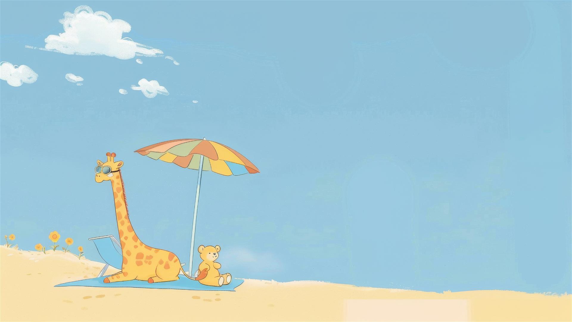 Cartoon giraffe lounging on a beach chair under a colorful umbrella with a bear on a towel nearby.