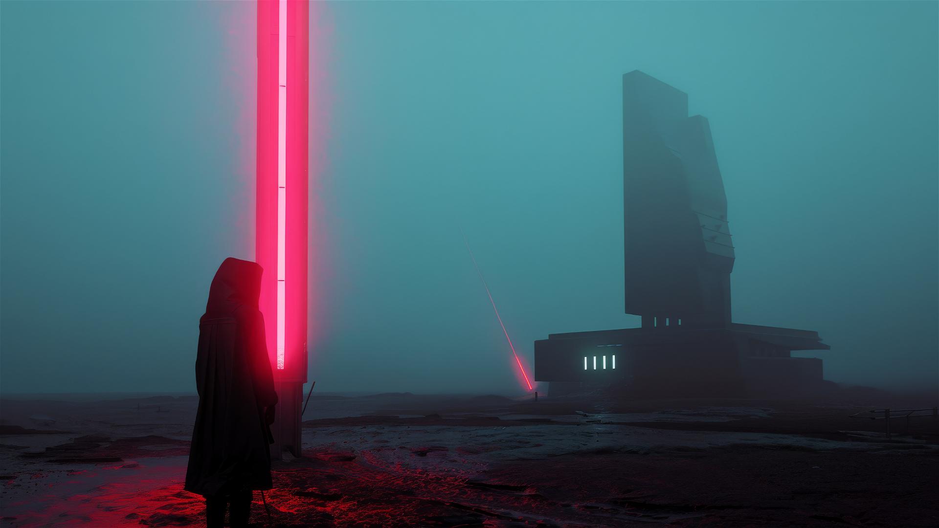 Cybergoth scarecrow in fog with neon light and distant brutalist structure