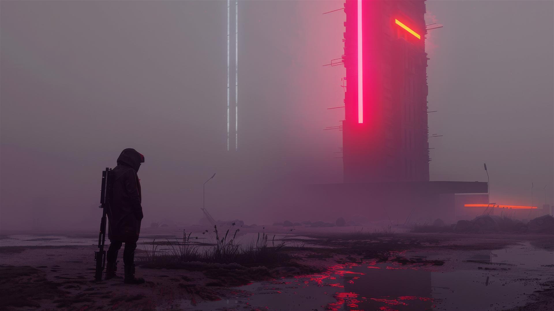 Cybergoth scarecrow with neon light in foggy monolith background