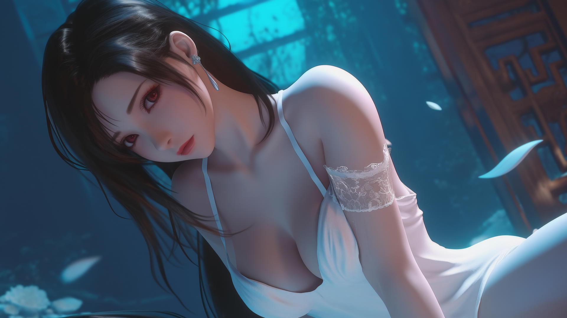 Tifa Lockhart in wedding dress, kneeling, leaning forward with warm light glow.