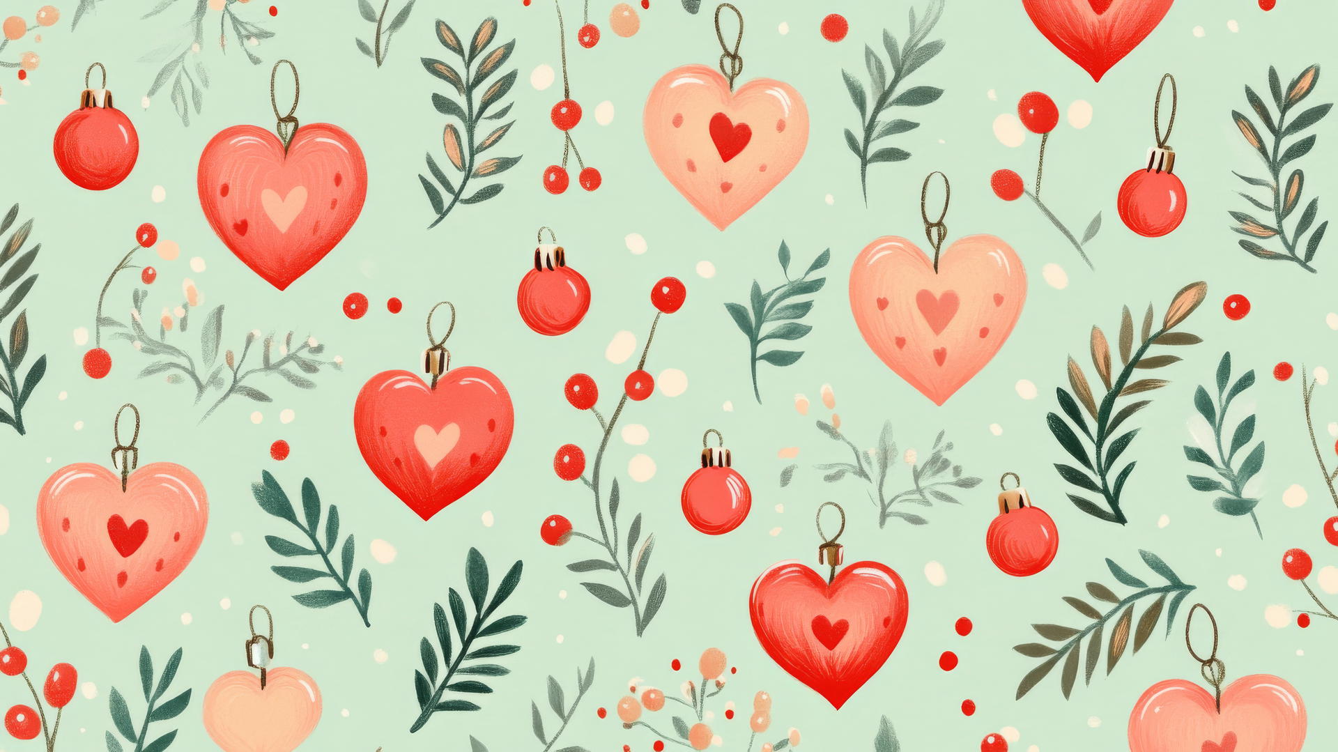 aesthetic preppy Christmas wallpaper with heart-shaped ornaments and mistletoe on a pastel green background