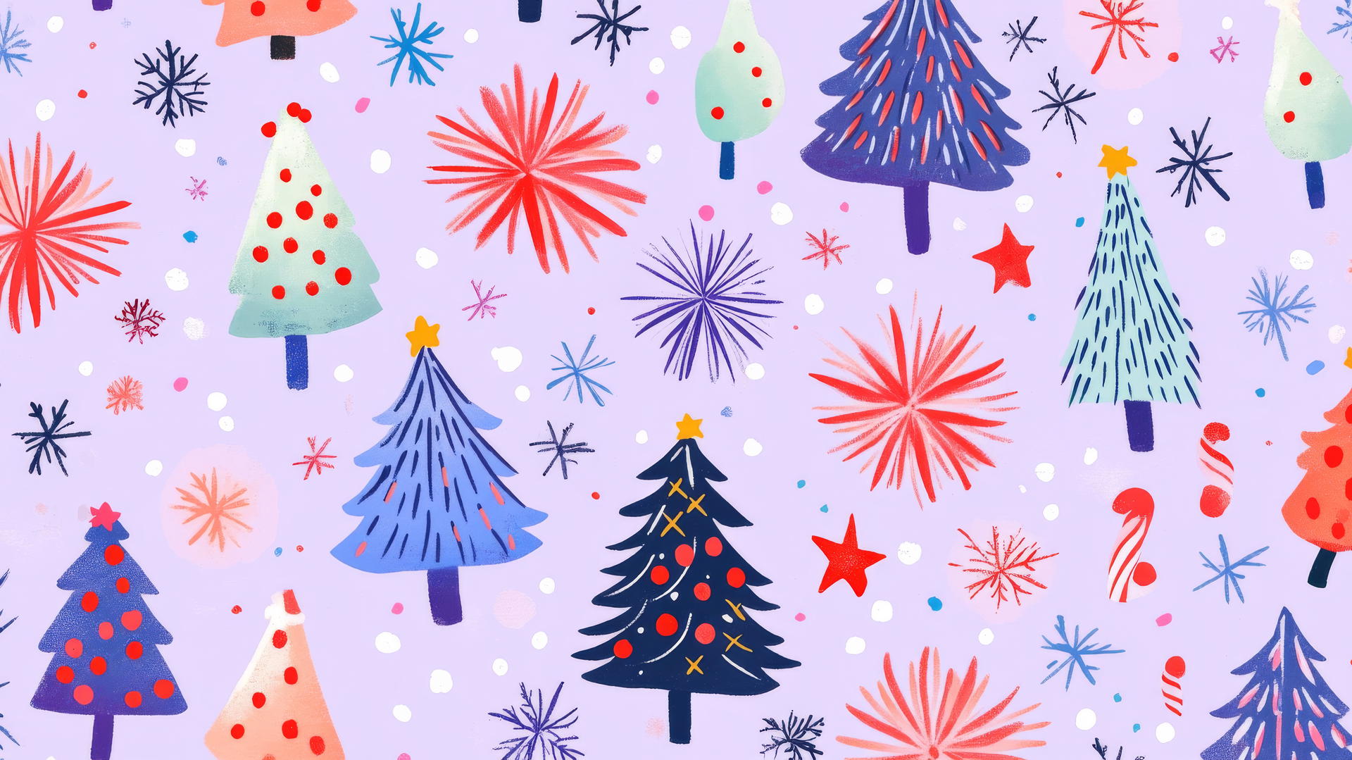 aesthetic preppy Christmas wallpaper with fireworks and Christmas trees on pastel purple background