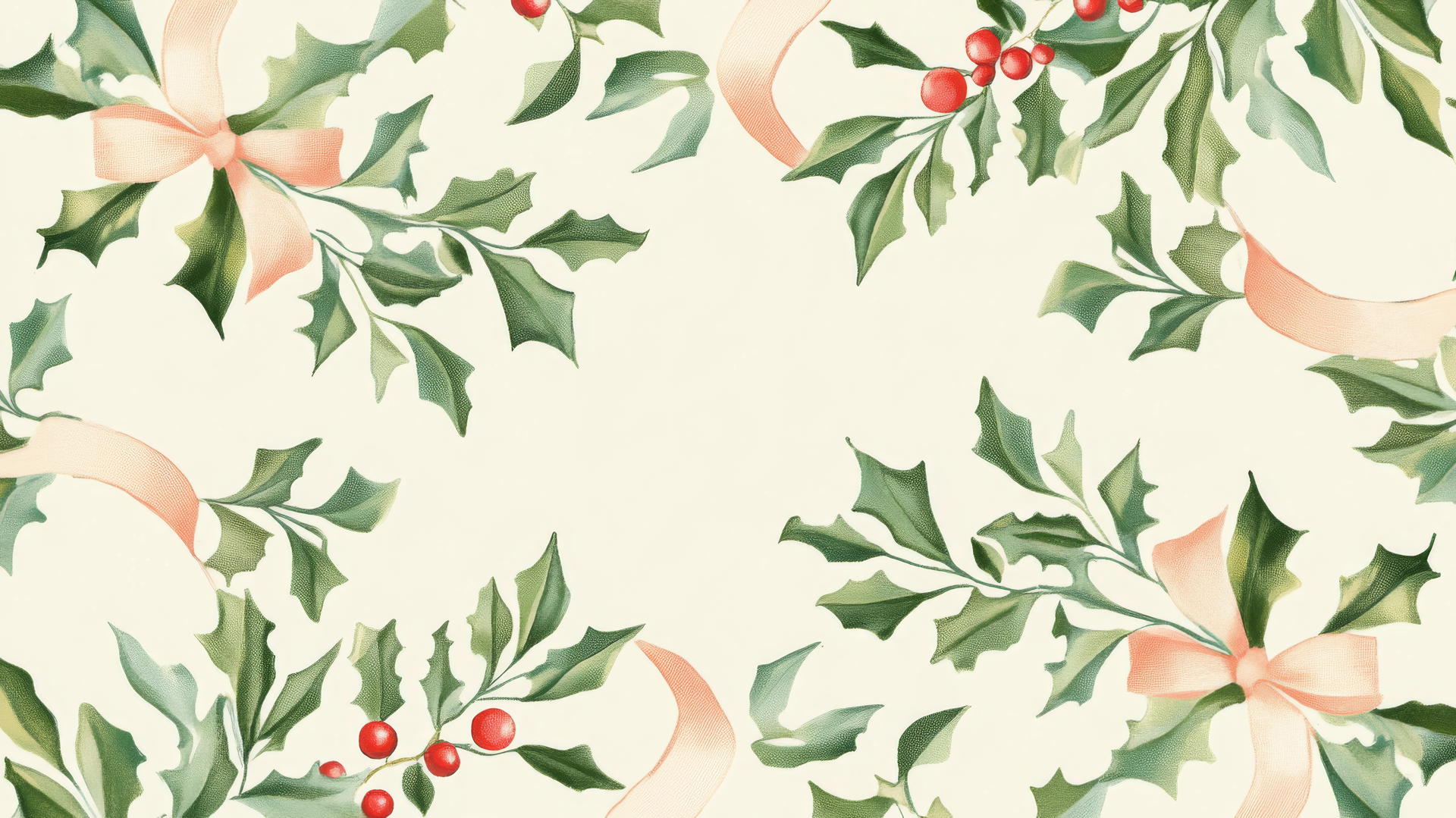 cute preppy Christmas wallpaper with pastel mistletoe and ribbons on cream background