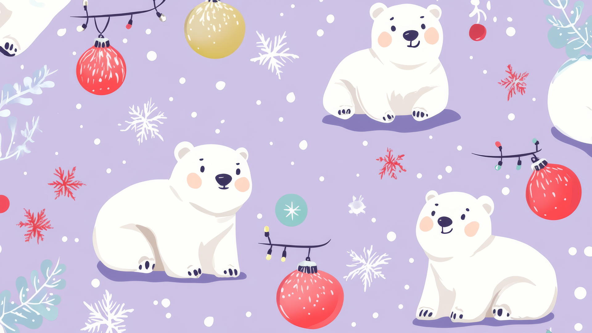 cute Christmas wallpaper preppy with cheerful polar bears, ornaments, and twinkling lights on pastel lavender