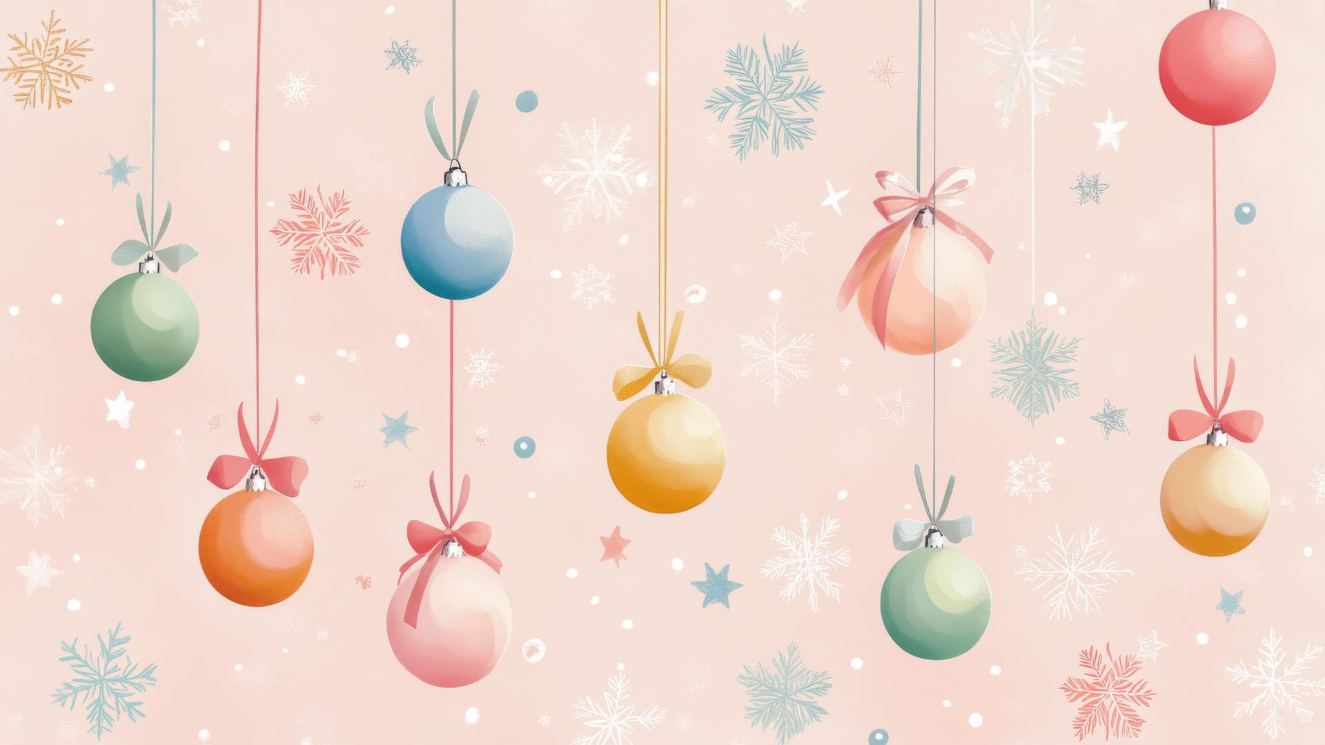 Illustrate a preppy Christmas wallpaper with ornaments hanging on pastel ribbons on a pink background