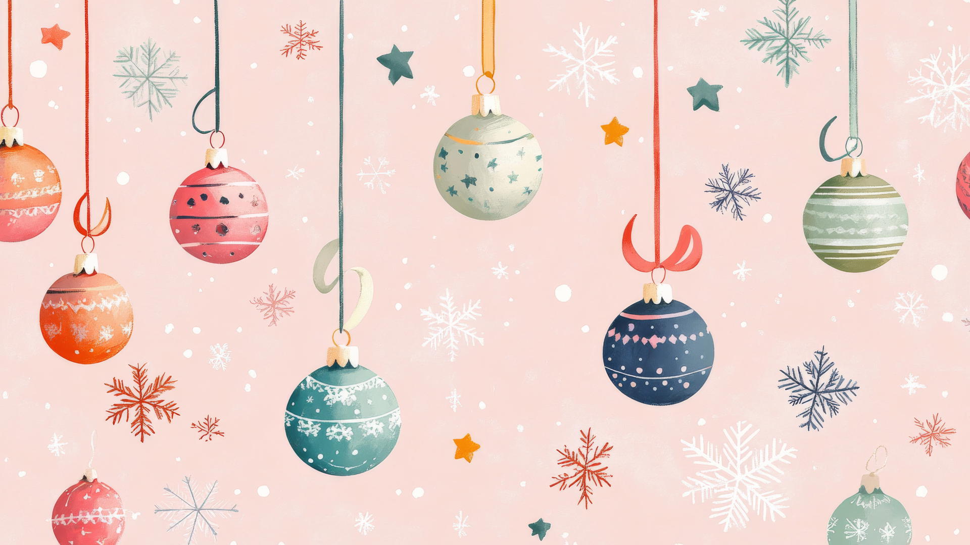 Preppy Christmas wallpaper with colorful ornaments on pastel ribbons, snowflakes, and stars