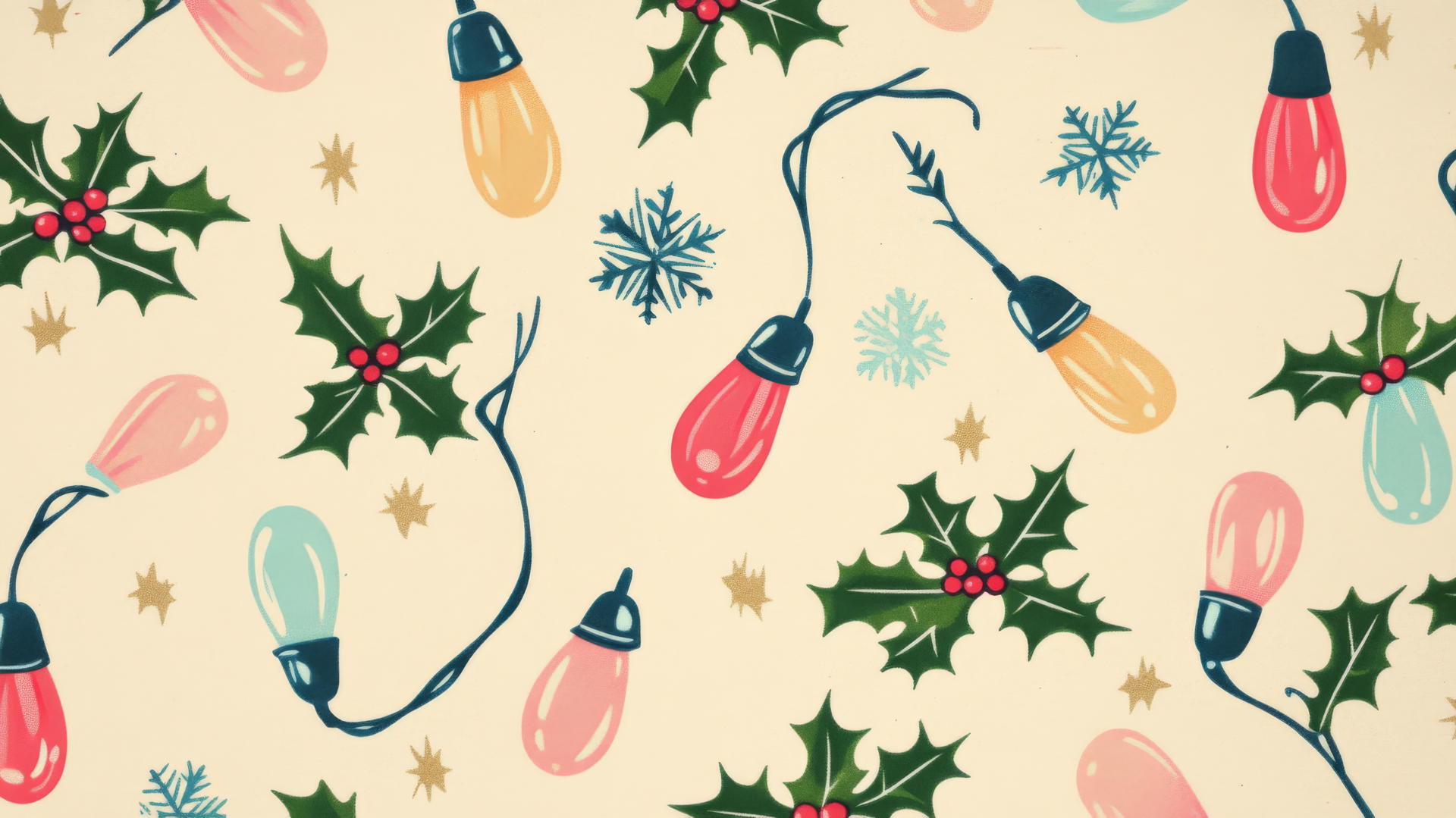 preppy Christmas wallpaper with pastel retro-style bulbs, holly, and snowflakes