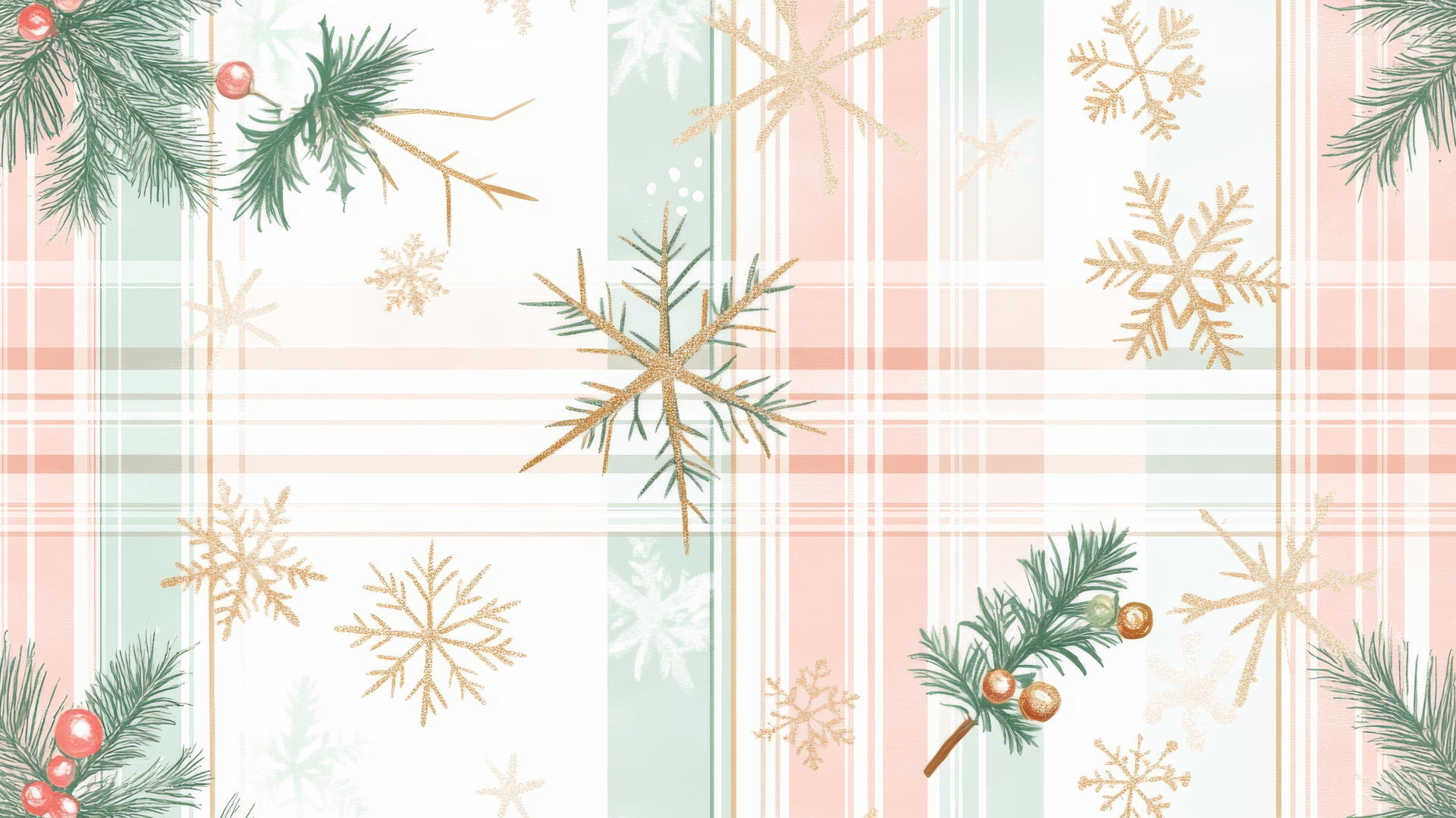 preppy Christmas wallpaper with pastel pink, mint green, and gold plaid pattern, snowflakes and holly leaves