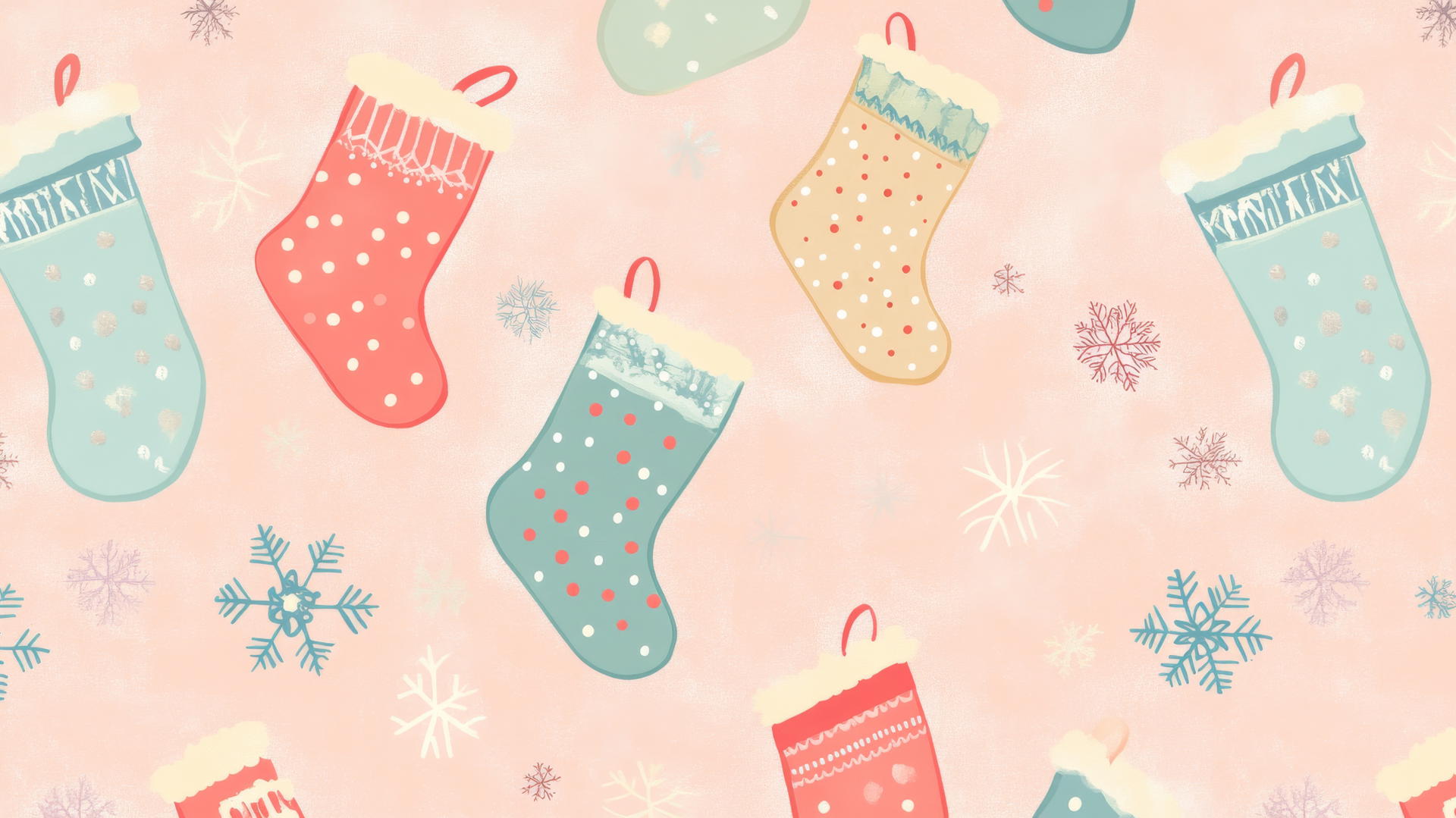 preppy Christmas wallpaper with pastel stockings and snowflakes on a pink background