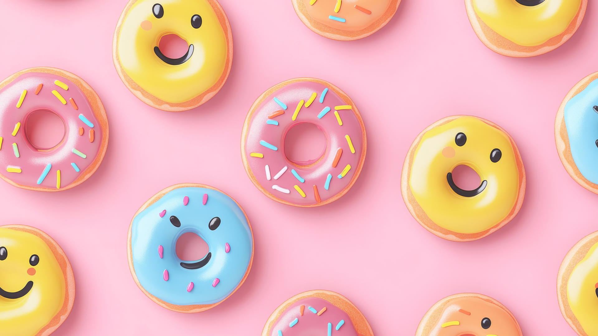 preppy wallpaper with smiley face donuts in colorful glazes on light pink background
