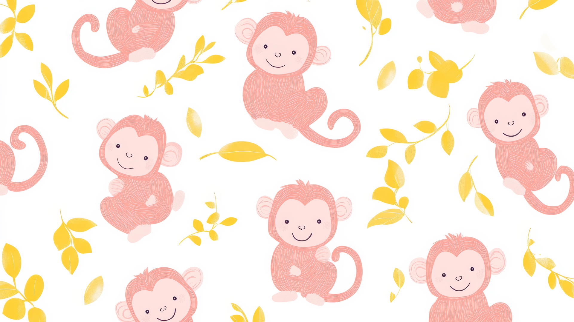 preppy wallpaper with pink cartoon monkeys and small yellow leaves