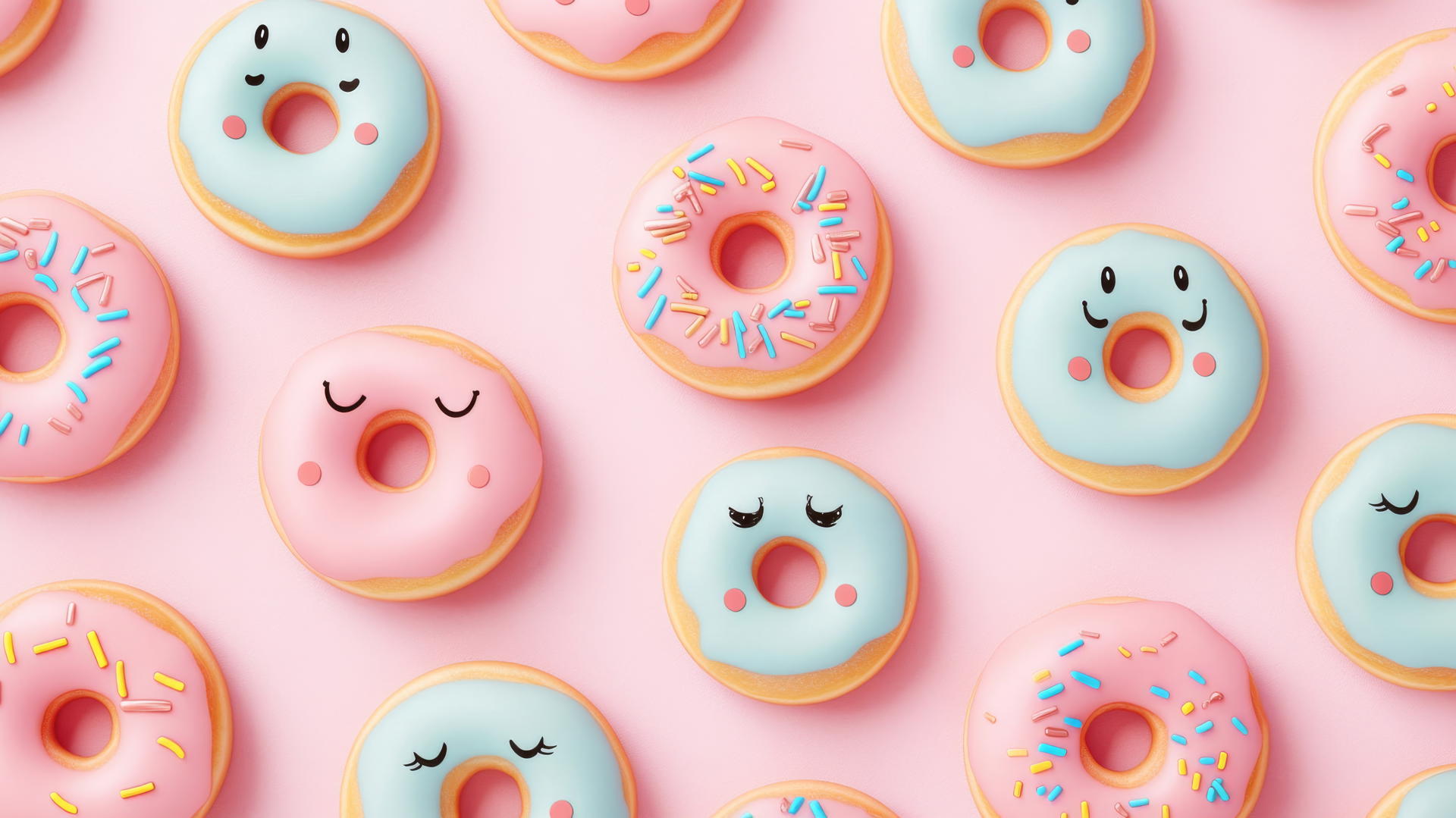 pink preppy wallpaper with smiley face donuts, colorful glazes, rose gold accents on light pink background