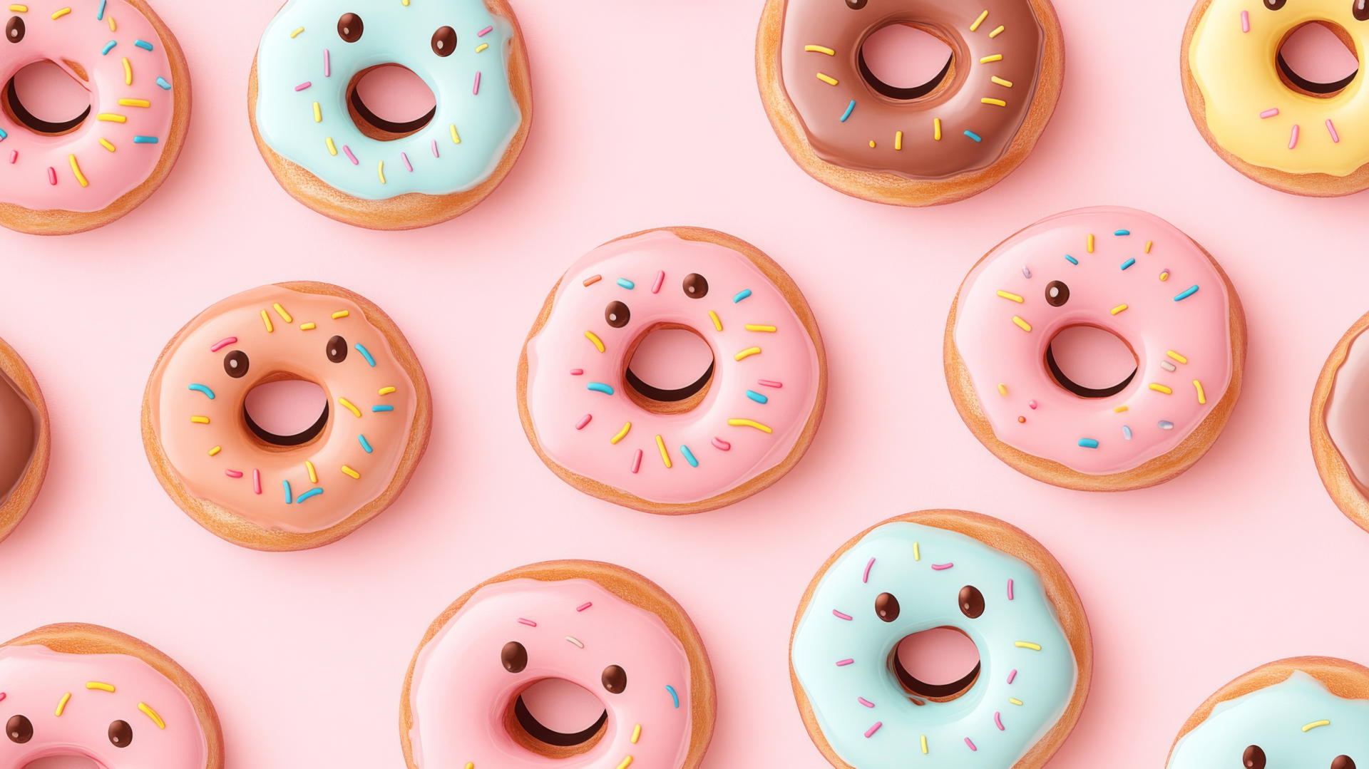 Pink preppy wallpaper with smiley face donuts, colorful glazes, rose gold accents on light pink