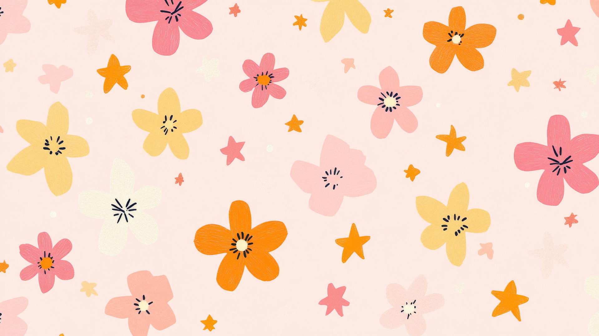 pink preppy wallpaper with hand-drawn stars and flowers in pink, yellow, and orange on pastel pink background
