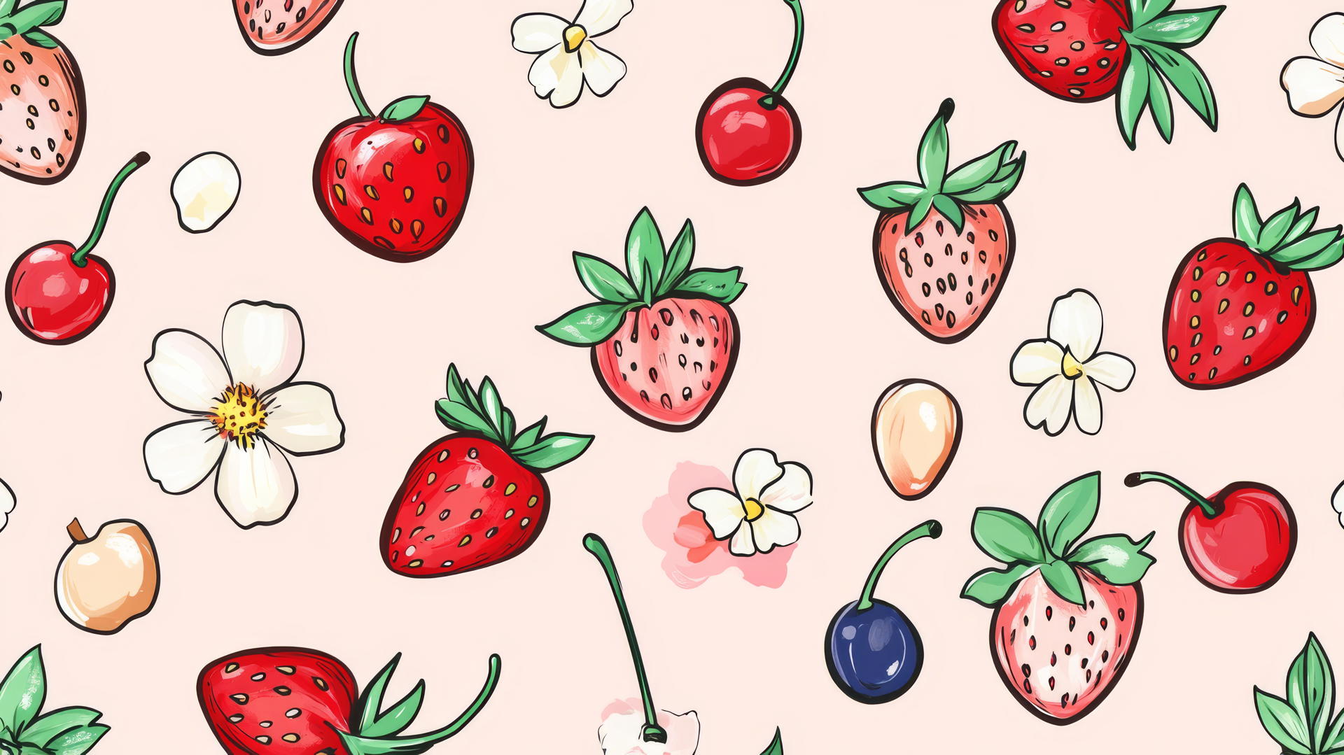 preppy wallpaper with cute hand-drawn strawberries, cherries, and flowers on light pink