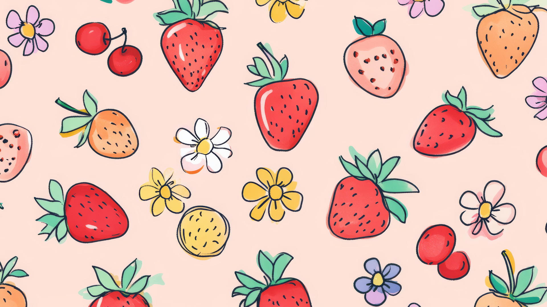 Preppy wallpaper with cute doodles of strawberries, cherries, and flowers