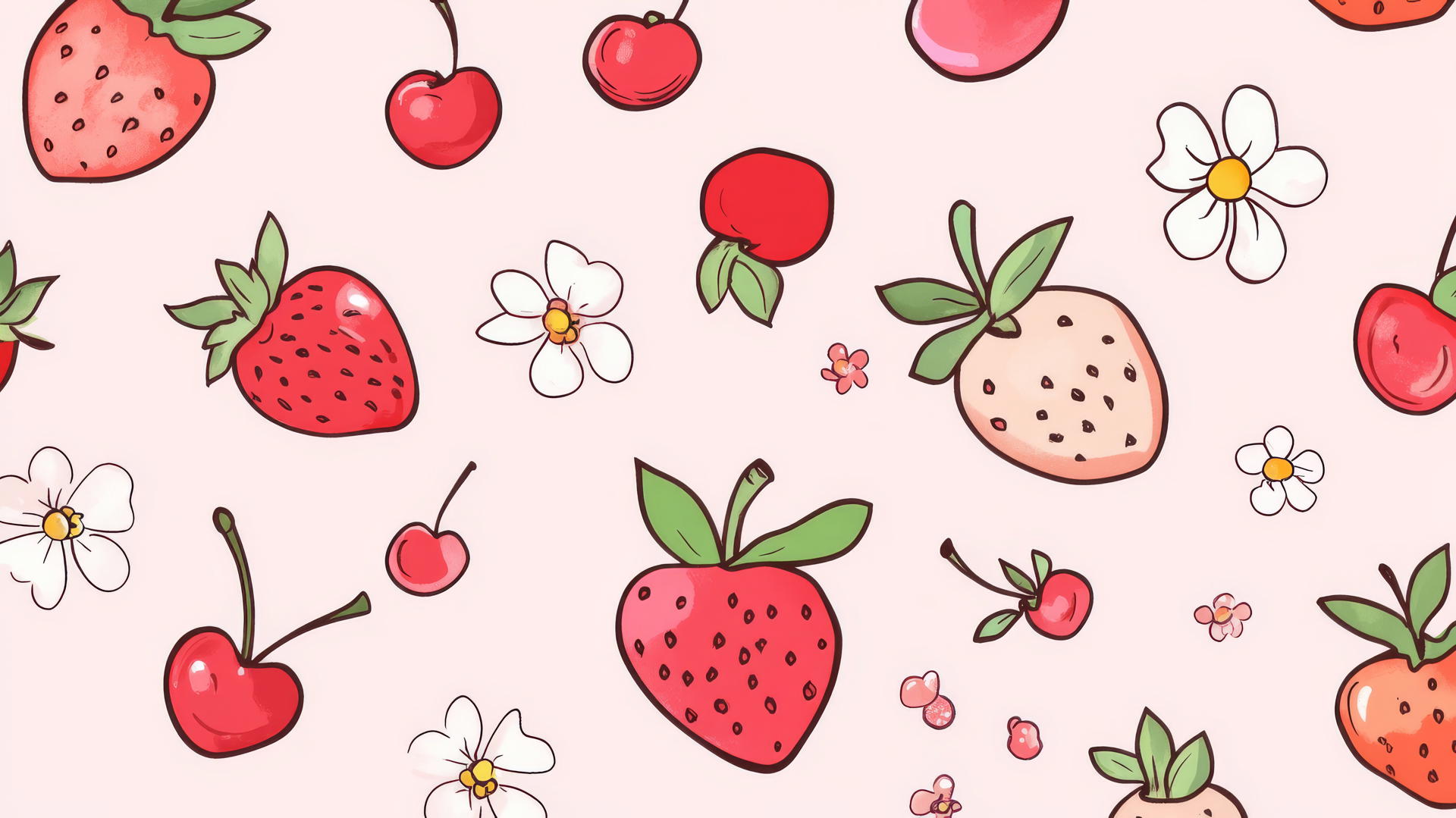 Preppy wallpaper with cute doodles of strawberries, cherries, and flowers on a light pink background.