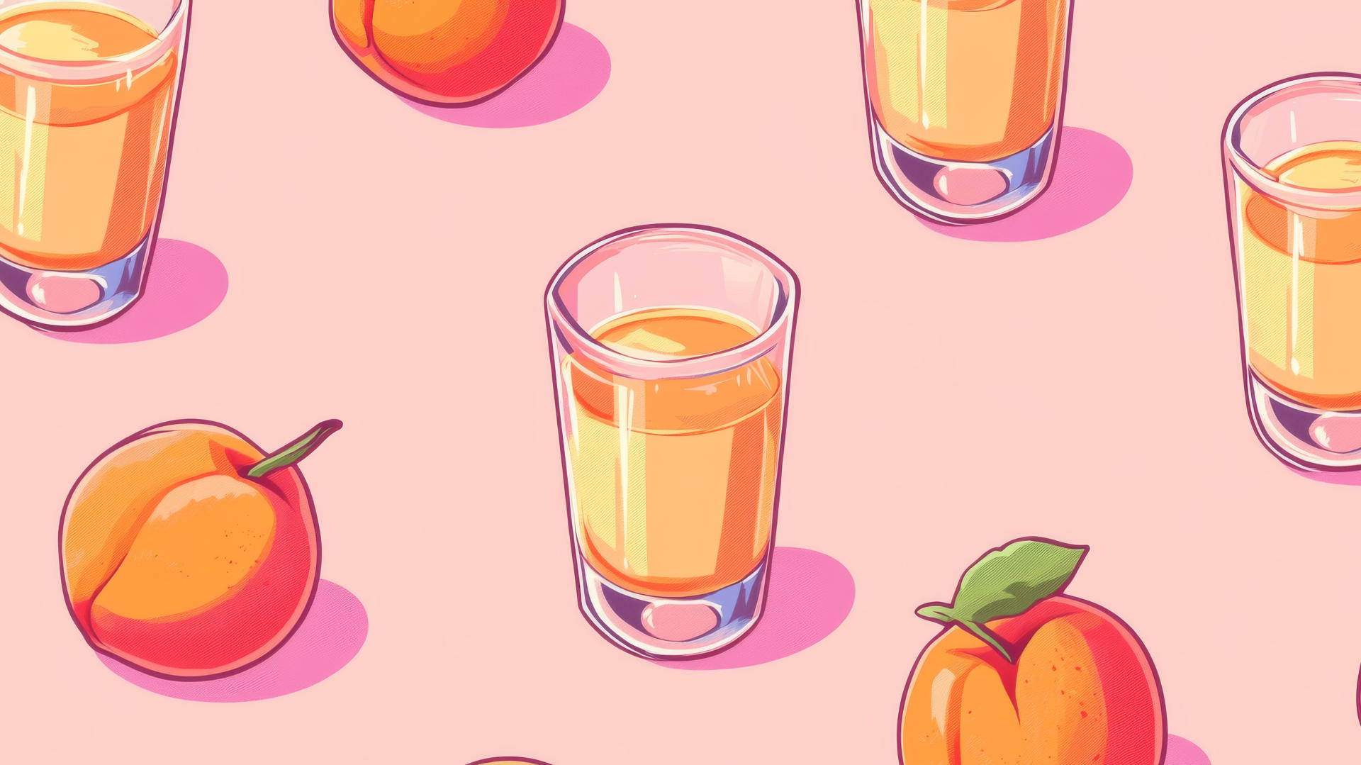Preppy wallpaper with playful 8-bit pixel art pattern of peach juice in orange and pink.