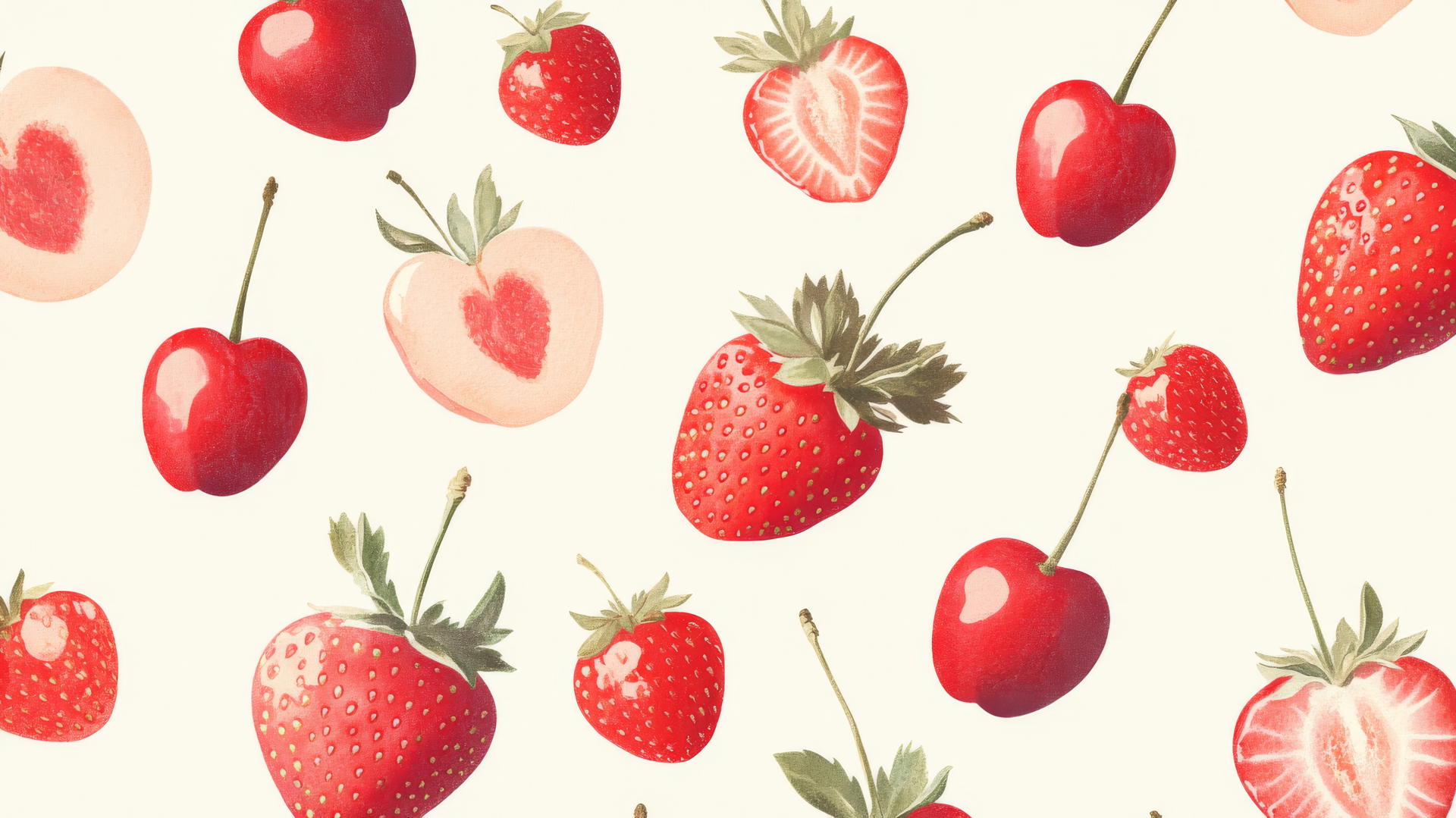 preppy wallpaper with elegant strawberries and cherries on cream background