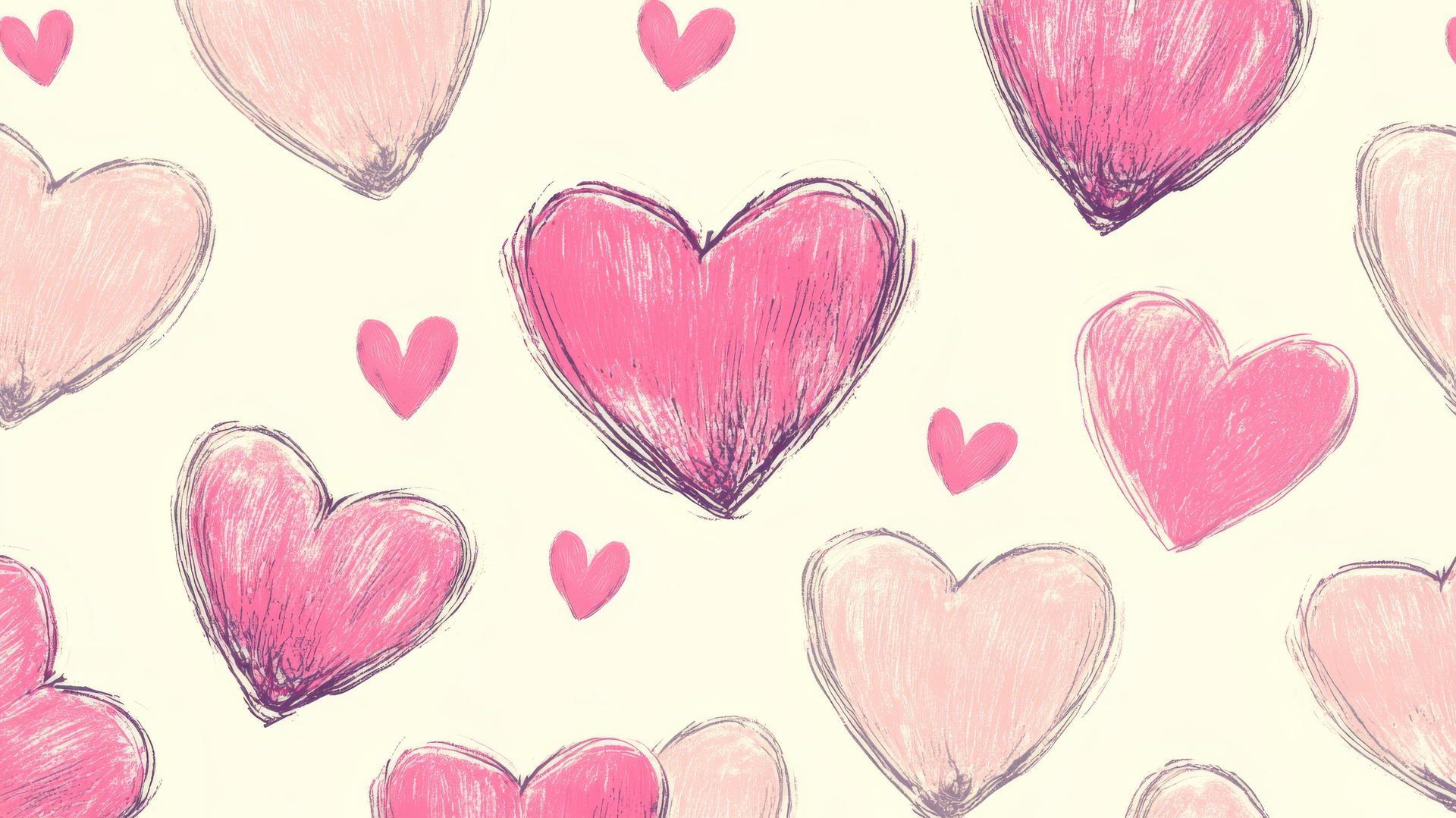 Seamless pattern of pink hearts on a cream background with cute, dreamy details, pink preppy wallpaper