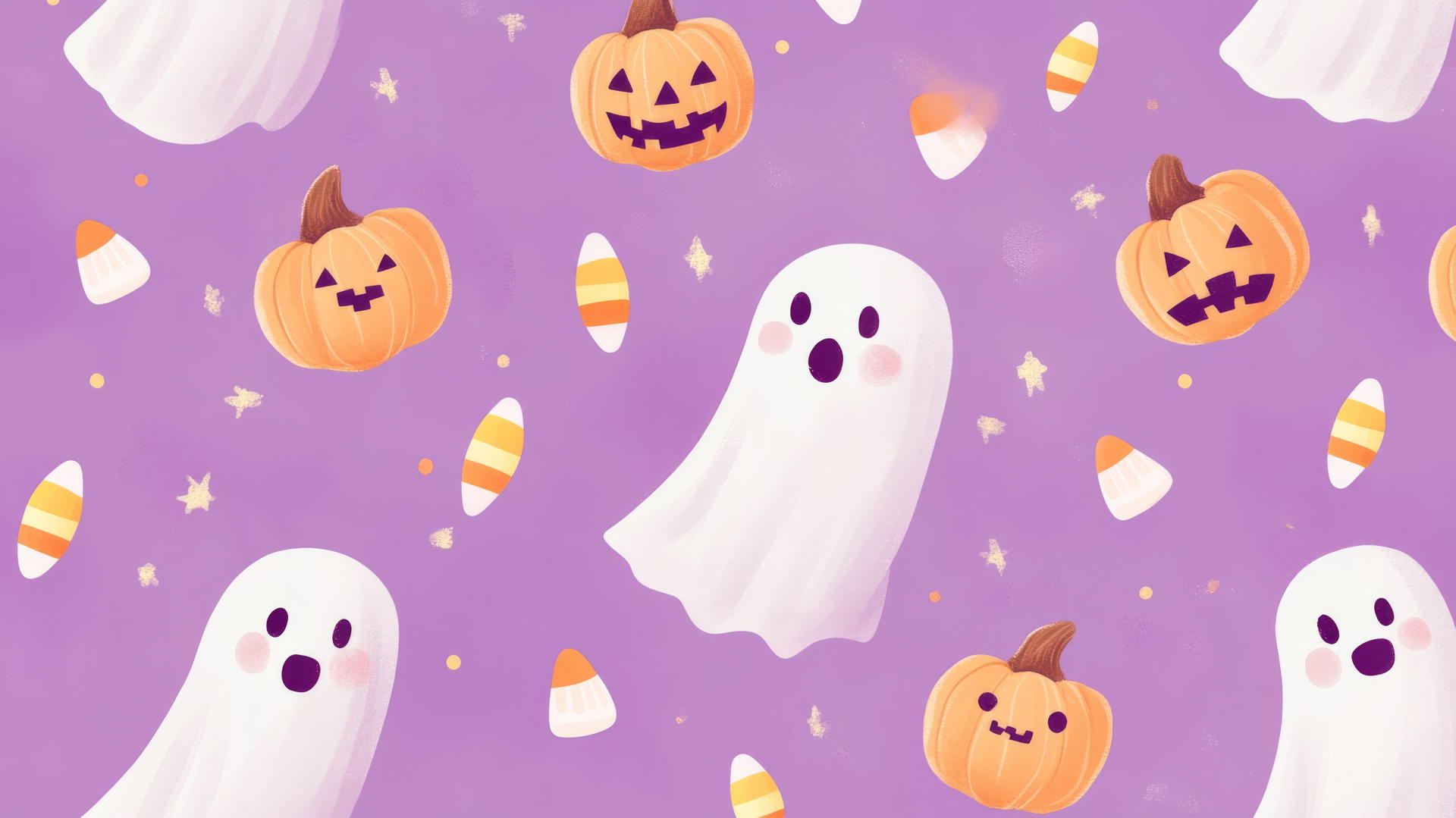 halloween wallpaper preppy with cute ghosts, pumpkins, and candy corn on pastel lavender background