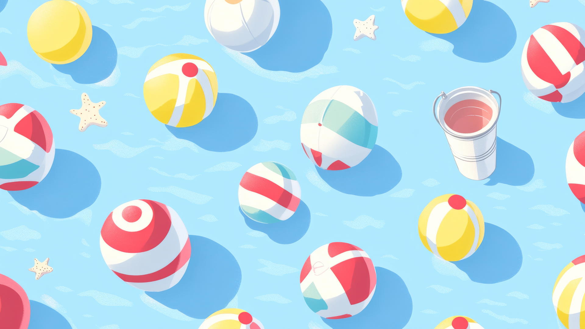 preppy summer wallpaper with cute cartoon-style beach balls, lifebuoys, and sand buckets on a light blue background