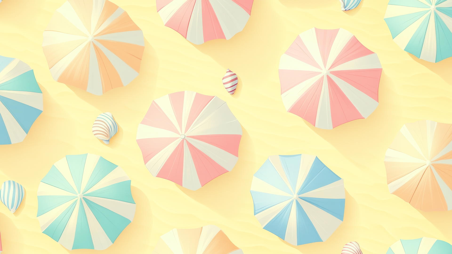 preppy summer wallpaper with pastel beach umbrellas, towels, waves, and seashells