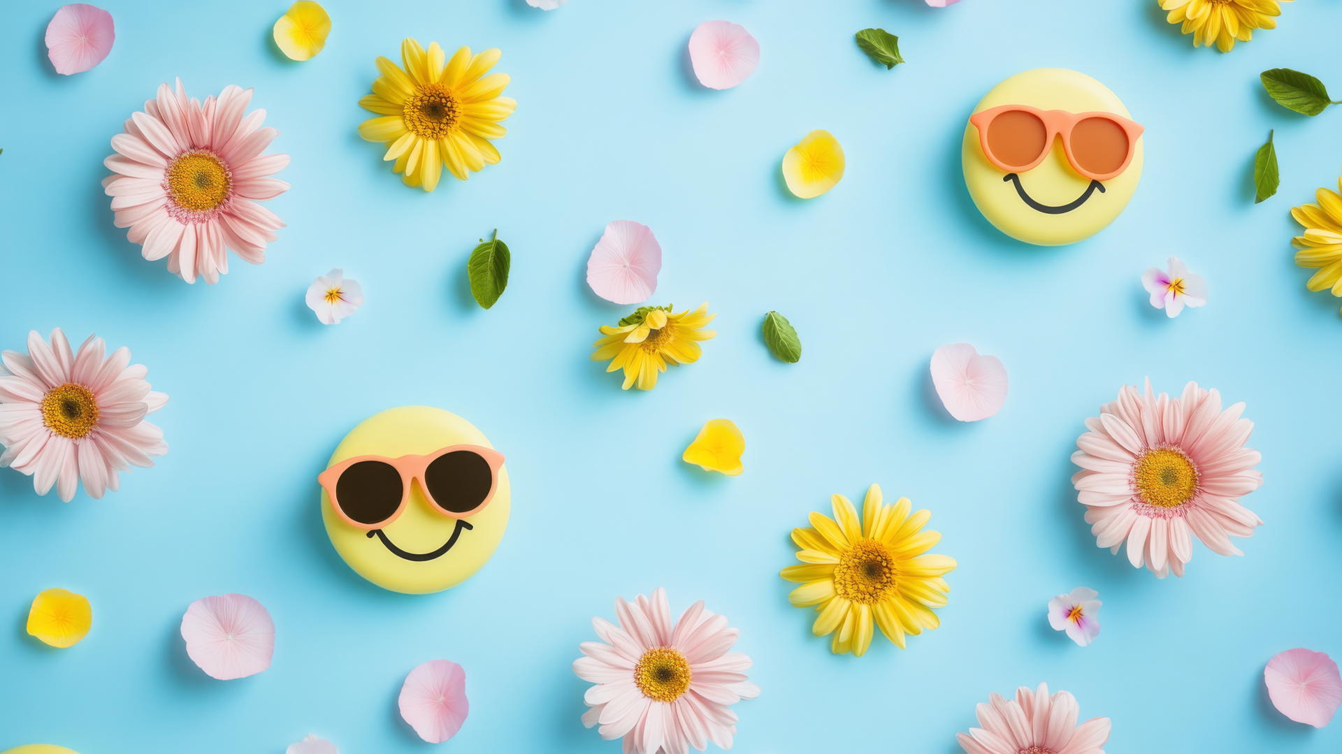 preppy wallpaper smiley face with sunglasses and flower petals on light blue background