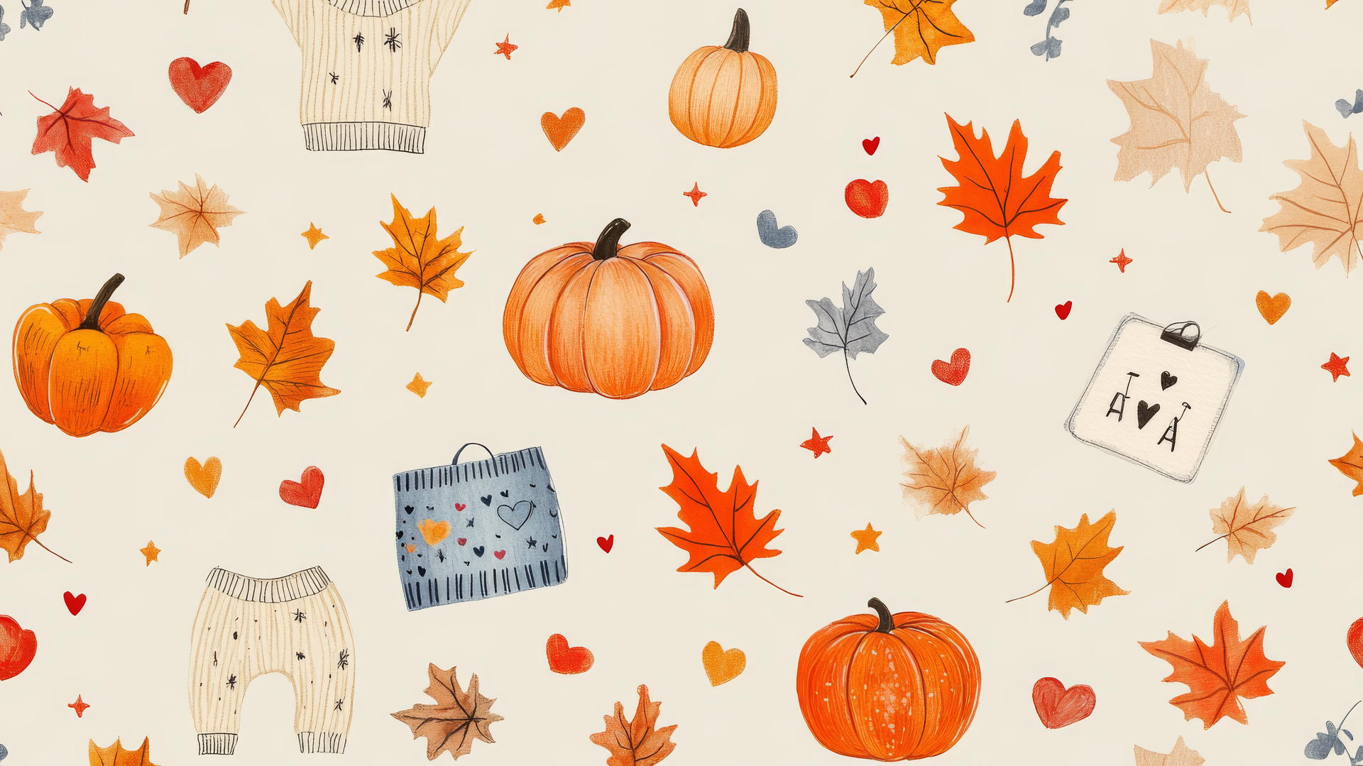 preppy fall wallpaper with leaves, pumpkins, and cozy sweaters on cream background