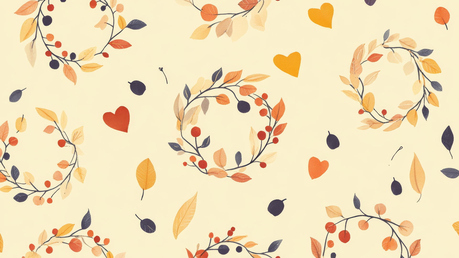 preppy fall wallpaper with hand-drawn wreaths of leaves, berries, and twigs on pastel yellow background