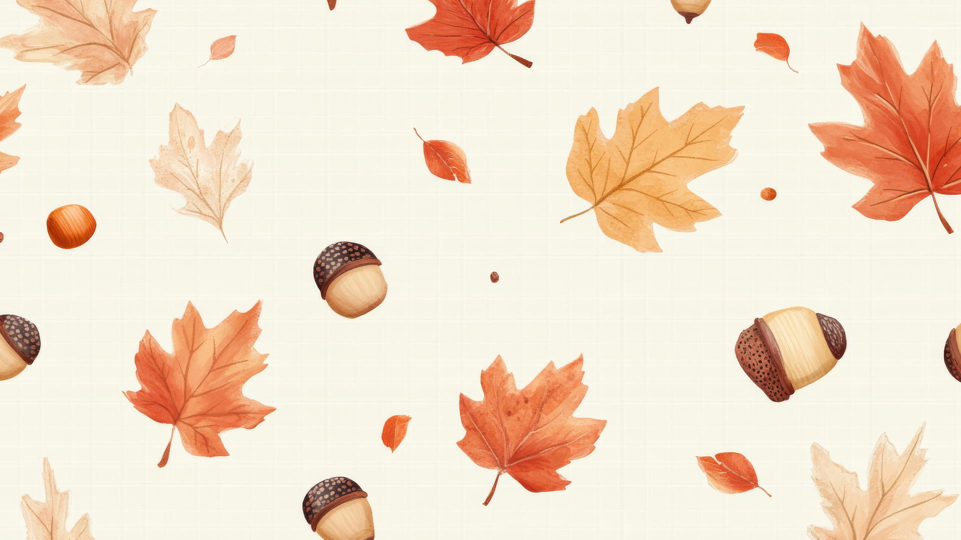 preppy fall wallpaper with pastel autumn leaves, acorns, plaid on cream background