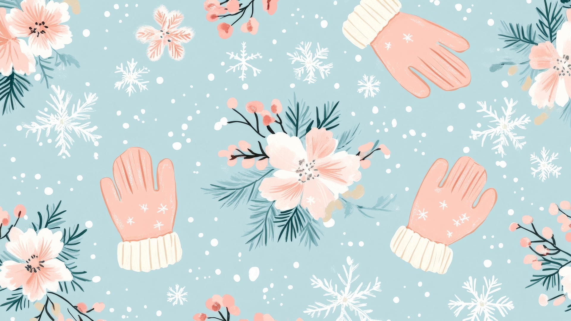 preppy winter wallpaper with snowflakes, pink mittens, and pastel flowers on light blue