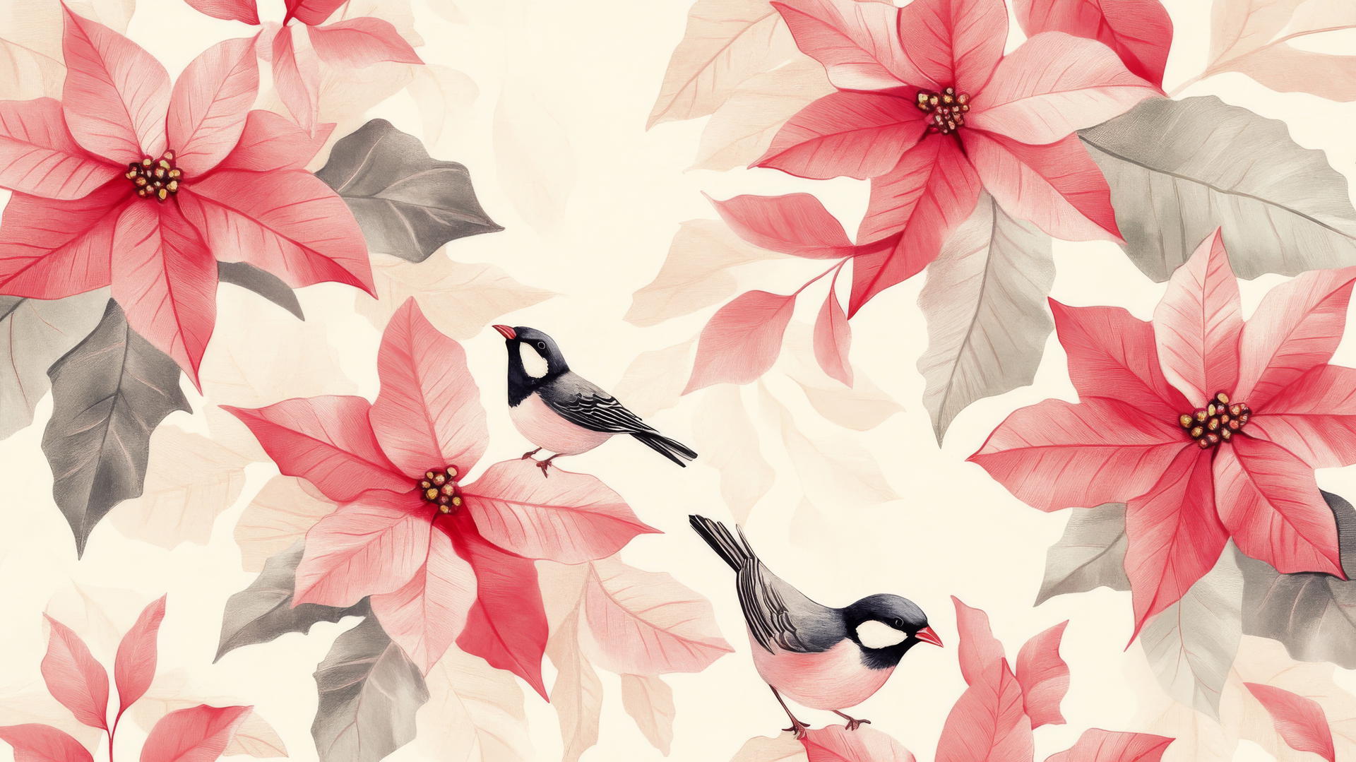 preppy winter wallpaper with pink poinsettias and tiny winter birds on pastel beige background