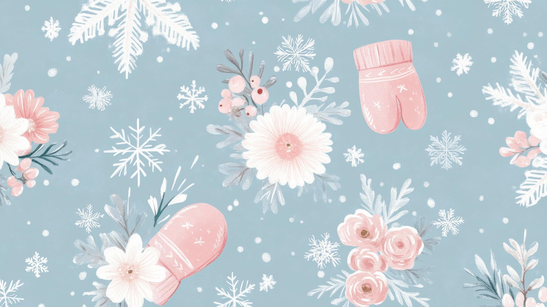 preppy winter wallpaper with white snowflakes, pink mittens, and pastel flowers on light blue