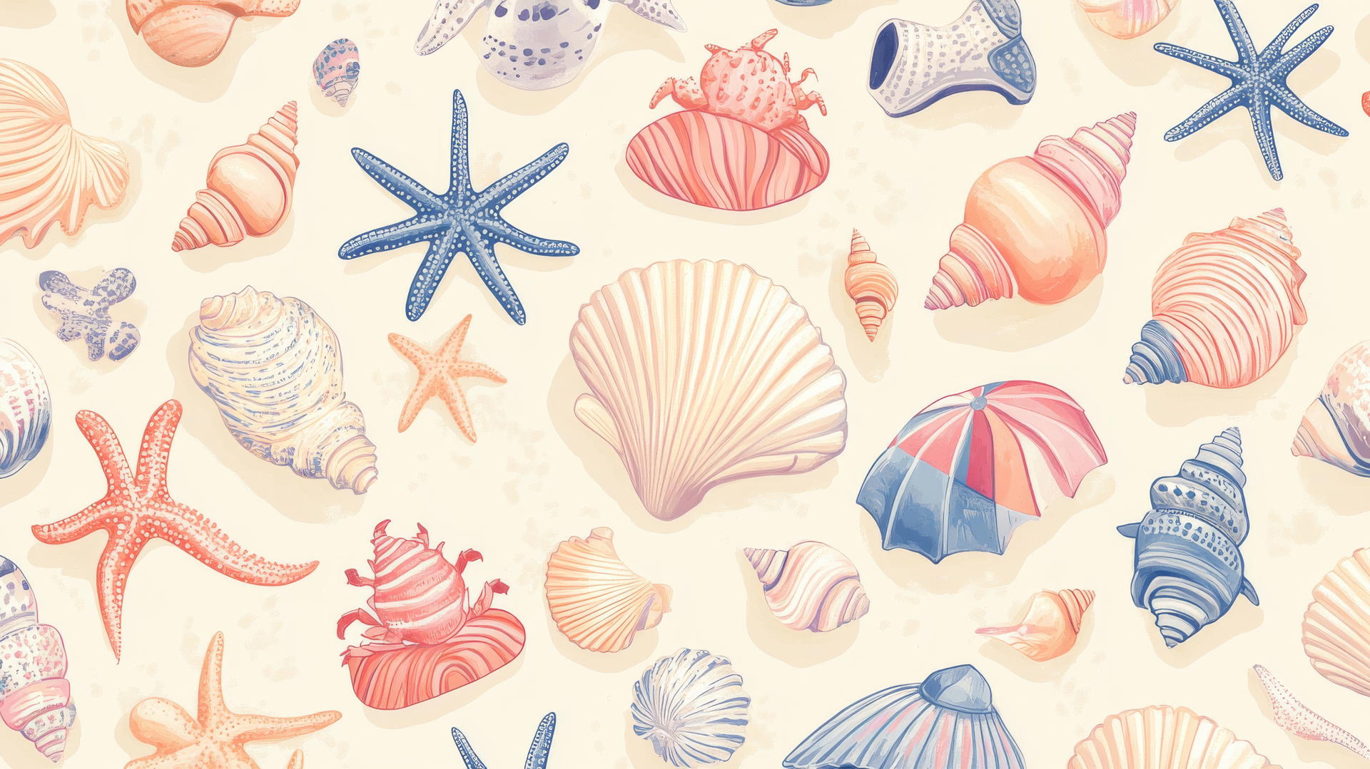 Preppy beach wallpaper with pastel seashells and starfish