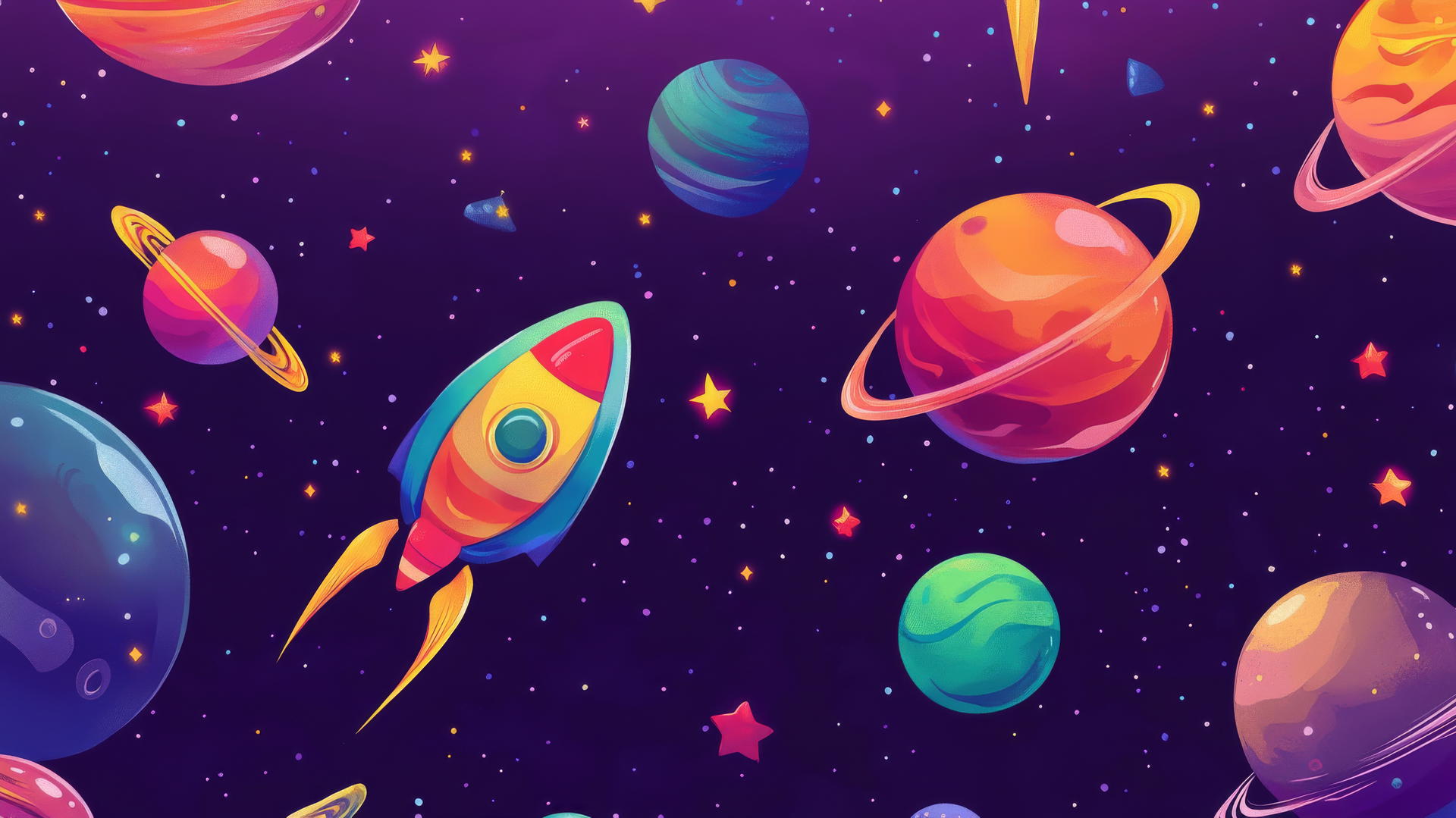 wallpapers cute outer space scene with cartoon planets, rockets, and stars