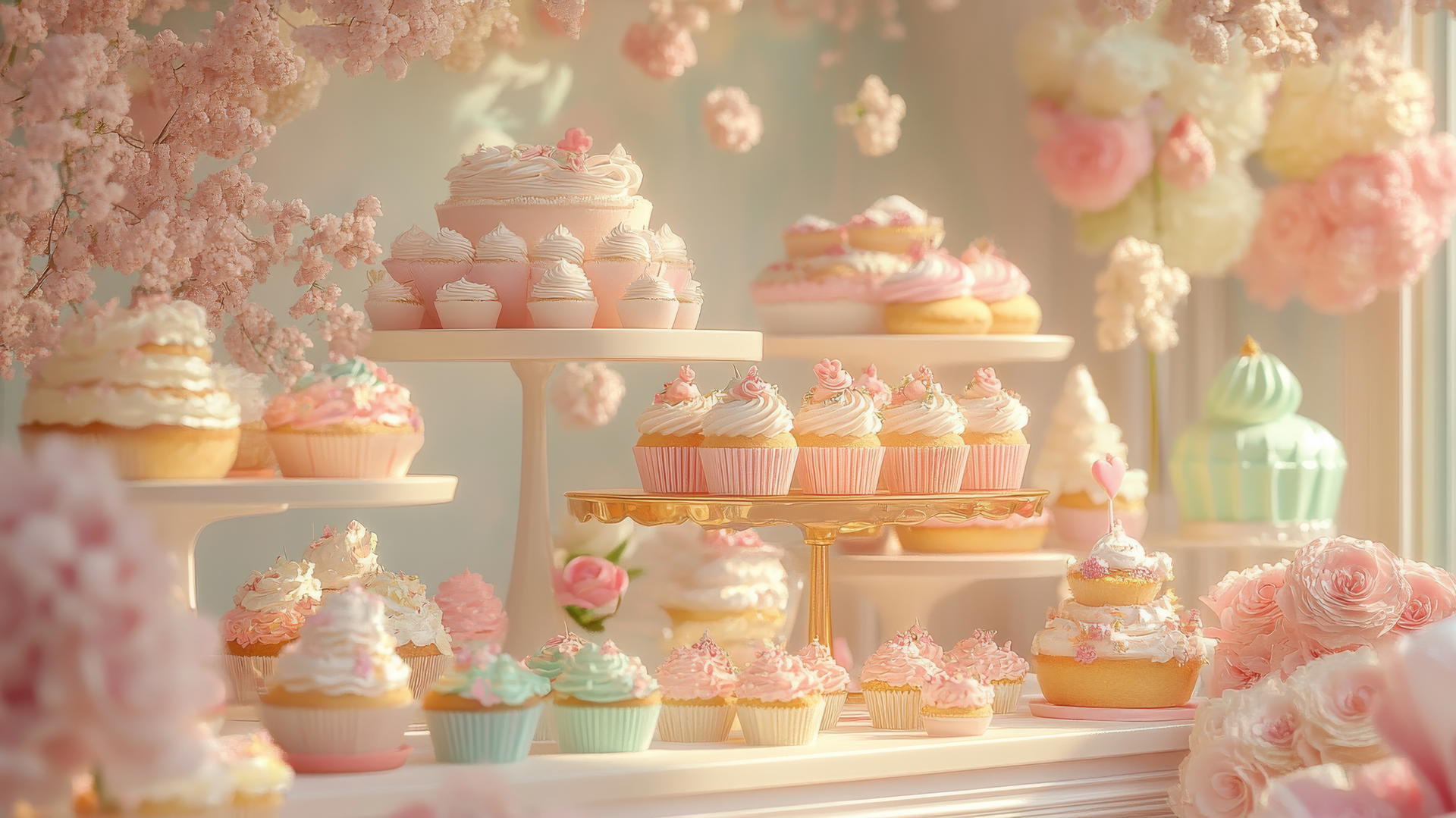 aesthetic cute wallpapers of a pastel-colored bakery scene with cakes and pastries