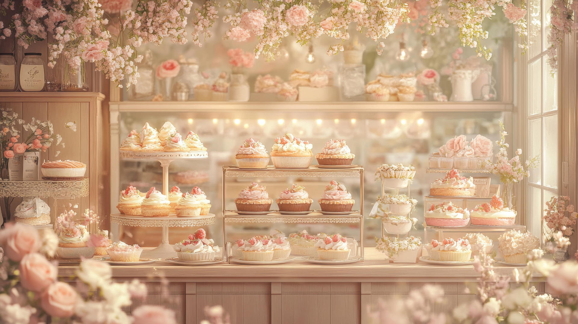 Aesthetic cute wallpapers: pastel bakery with cakes, cupcakes, pastries, flowers, warm lighting.